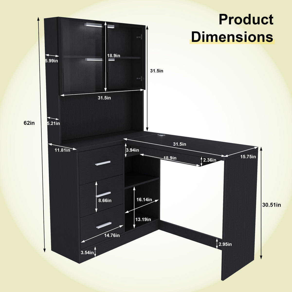 Nord black computer desk showing product dimensions