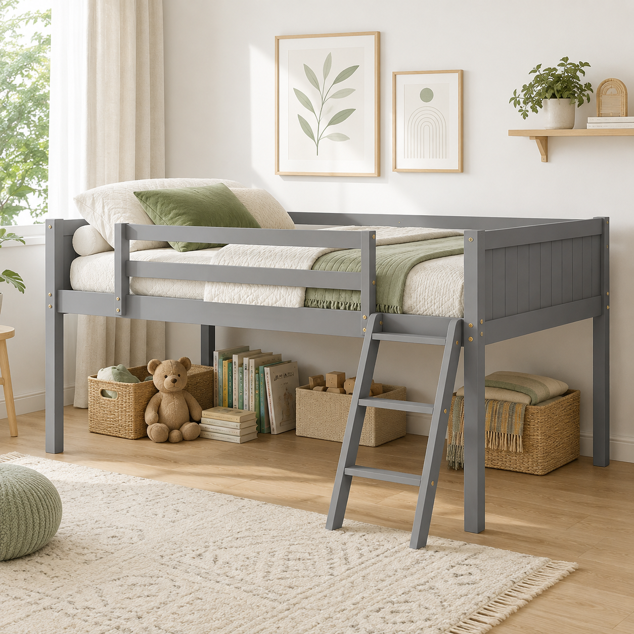 Norela gray loft bed showing a full size low loft setup with ladder in a bright bedroom