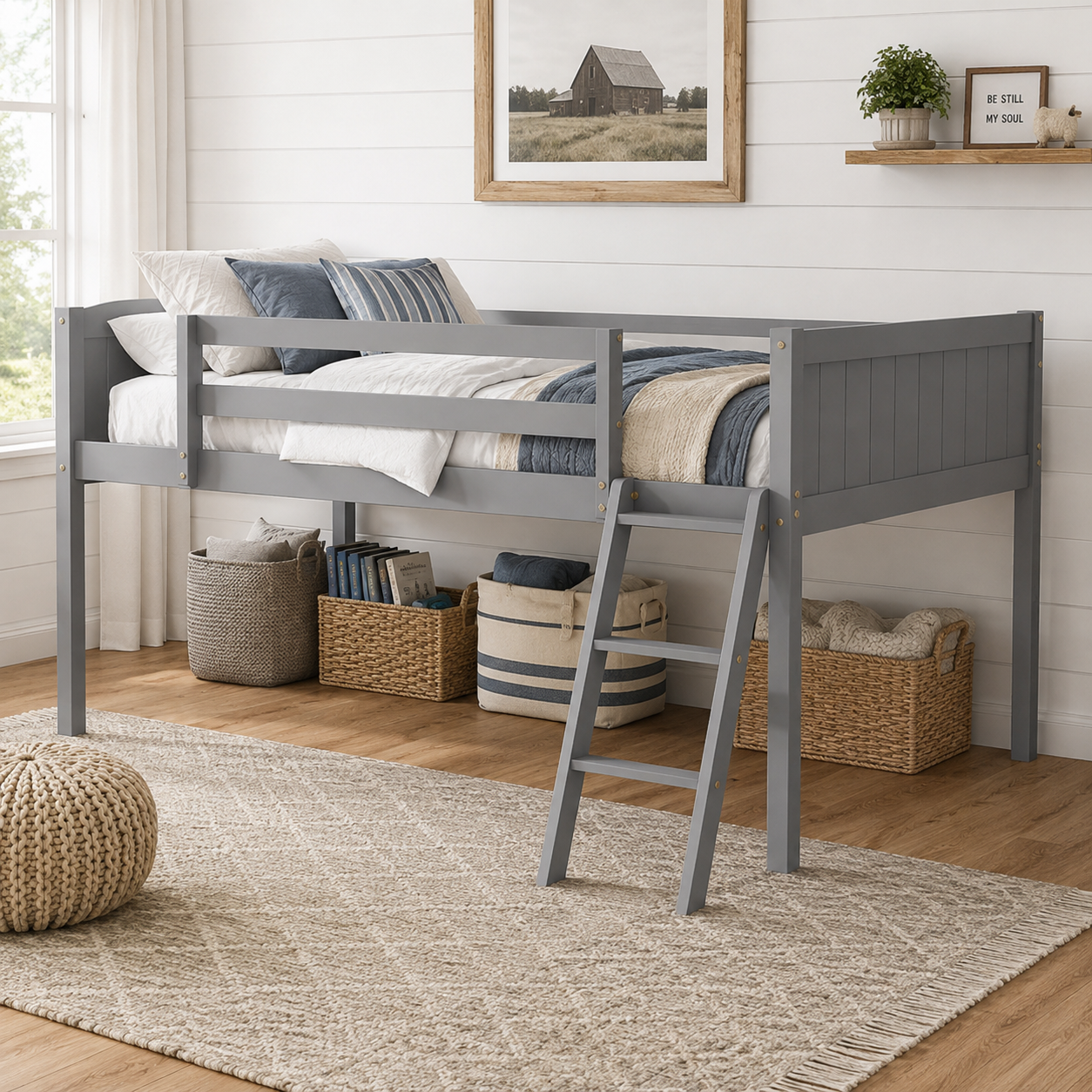 Norela gray loft bed showing a study area beneath the raised bed with a desk and chair