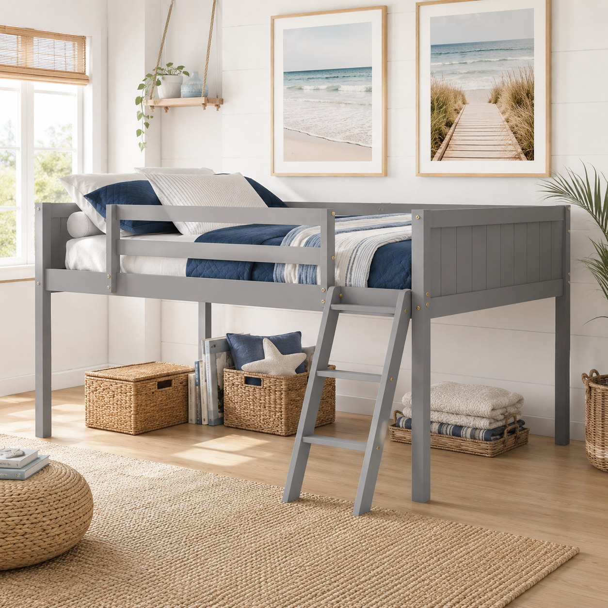 Norela gray loft bed showing a bedroom workspace beneath the bed beside framed wall art