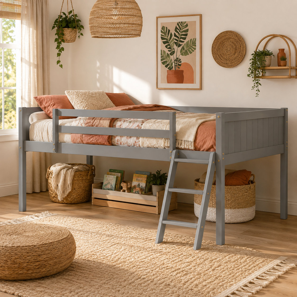 Norela gray loft bed showing an underbed desk setup in a warm bedroom with woven decor