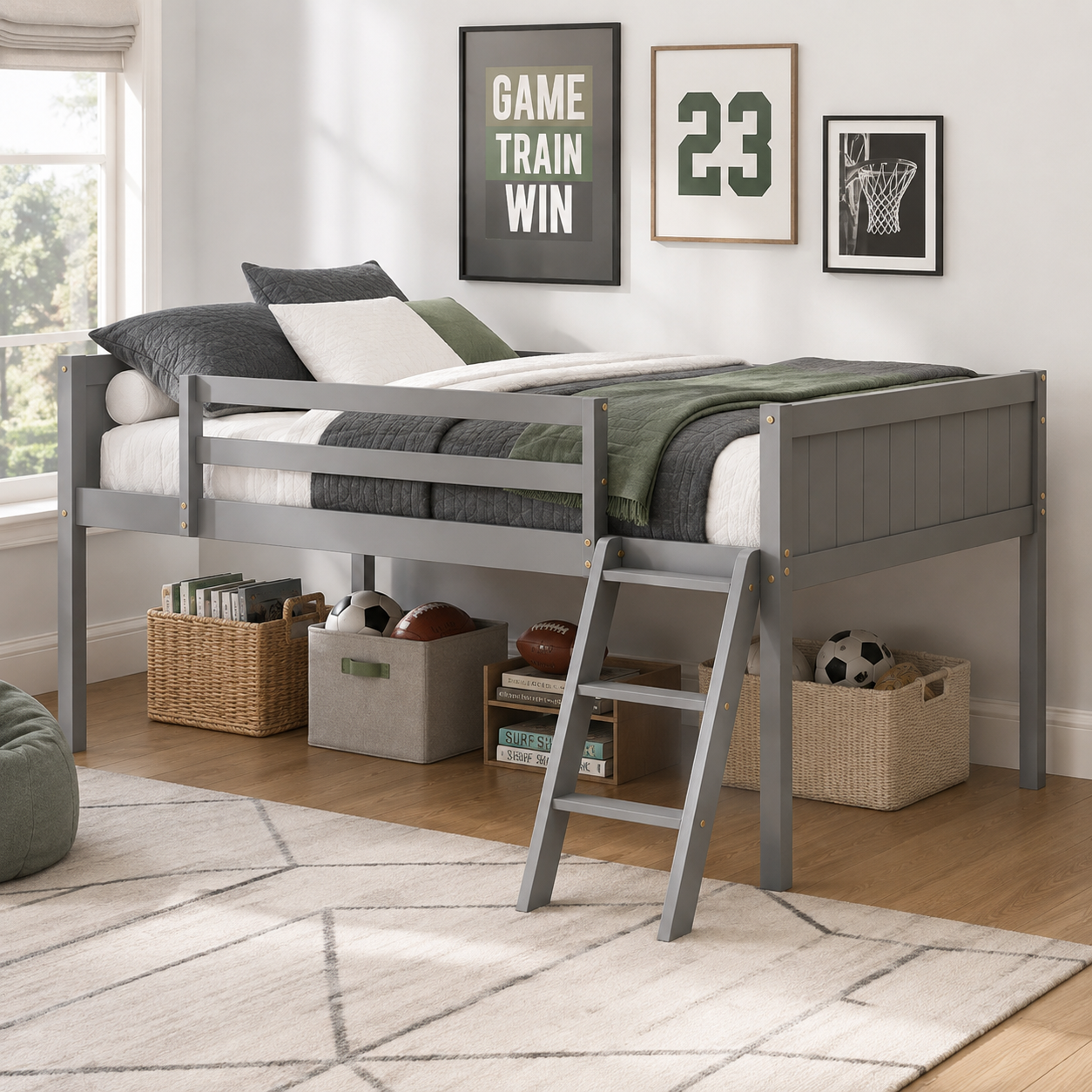Norela gray loft bed showing a compact study area beneath the sleeping platform in a modern room