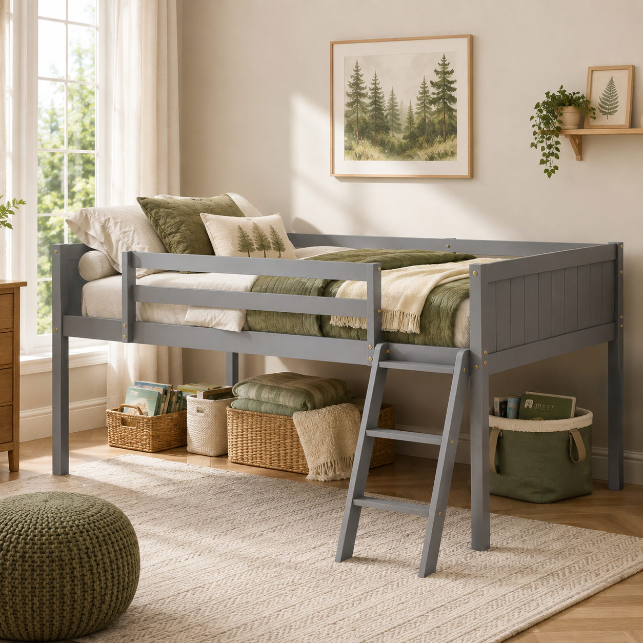 Norela gray loft bed showing an underbed workspace with chair and shelving in a bright bedroom