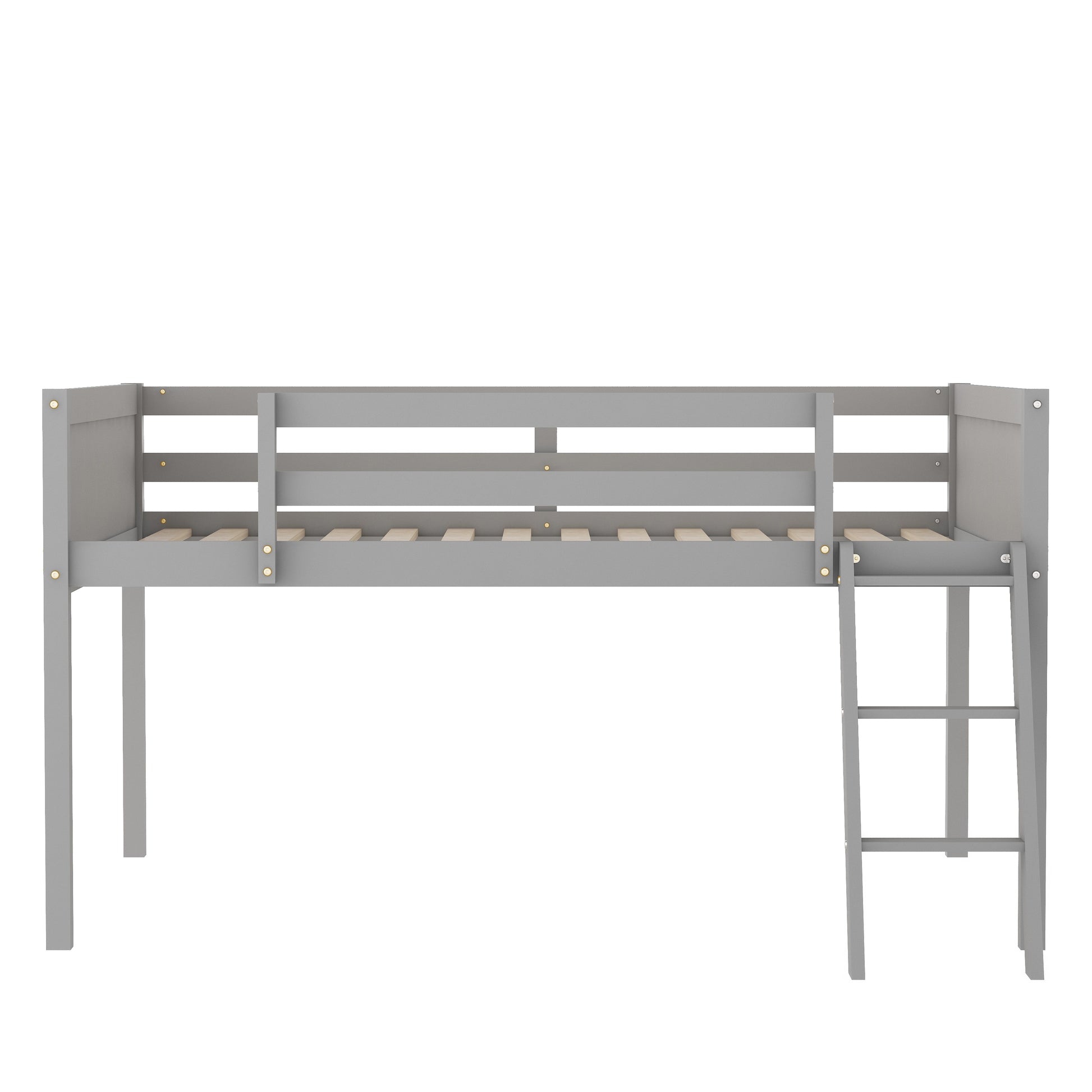 Norela gray loft bed showing an angled front view with reversible ladder and open underbed space