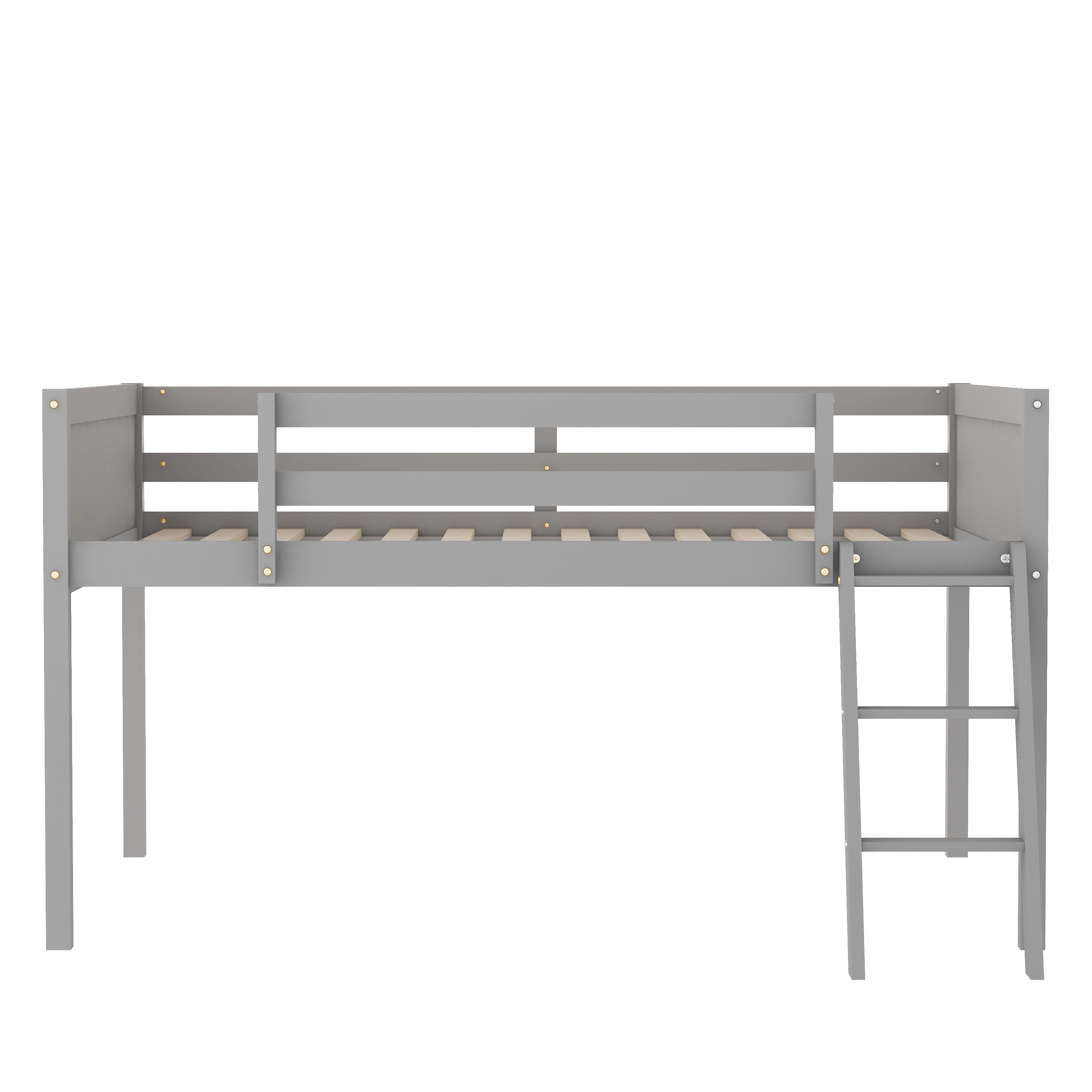Norela gray loft bed showing an angled front view with reversible ladder and open underbed space