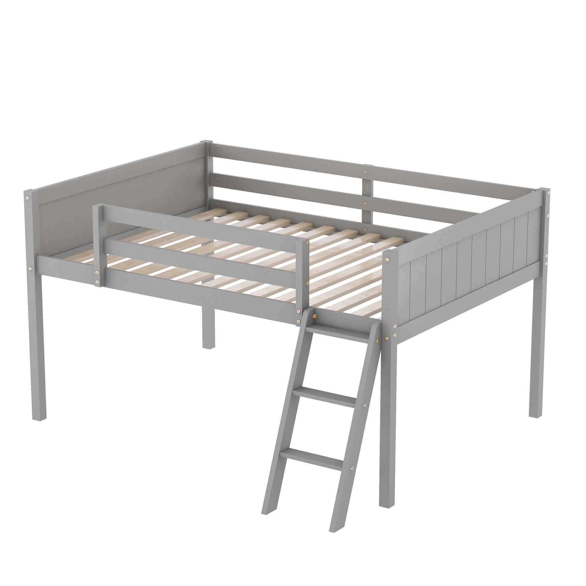 Norela gray loft bed showing the front view with upper guardrails and open underbed space