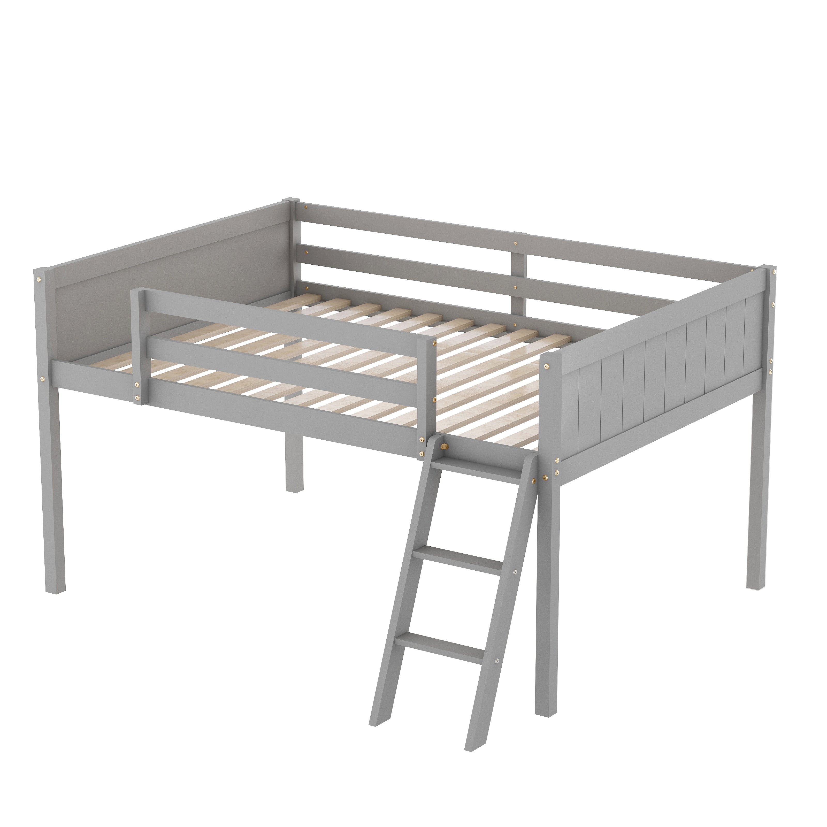 Norela gray loft bed showing the front view with upper guardrails and open underbed space