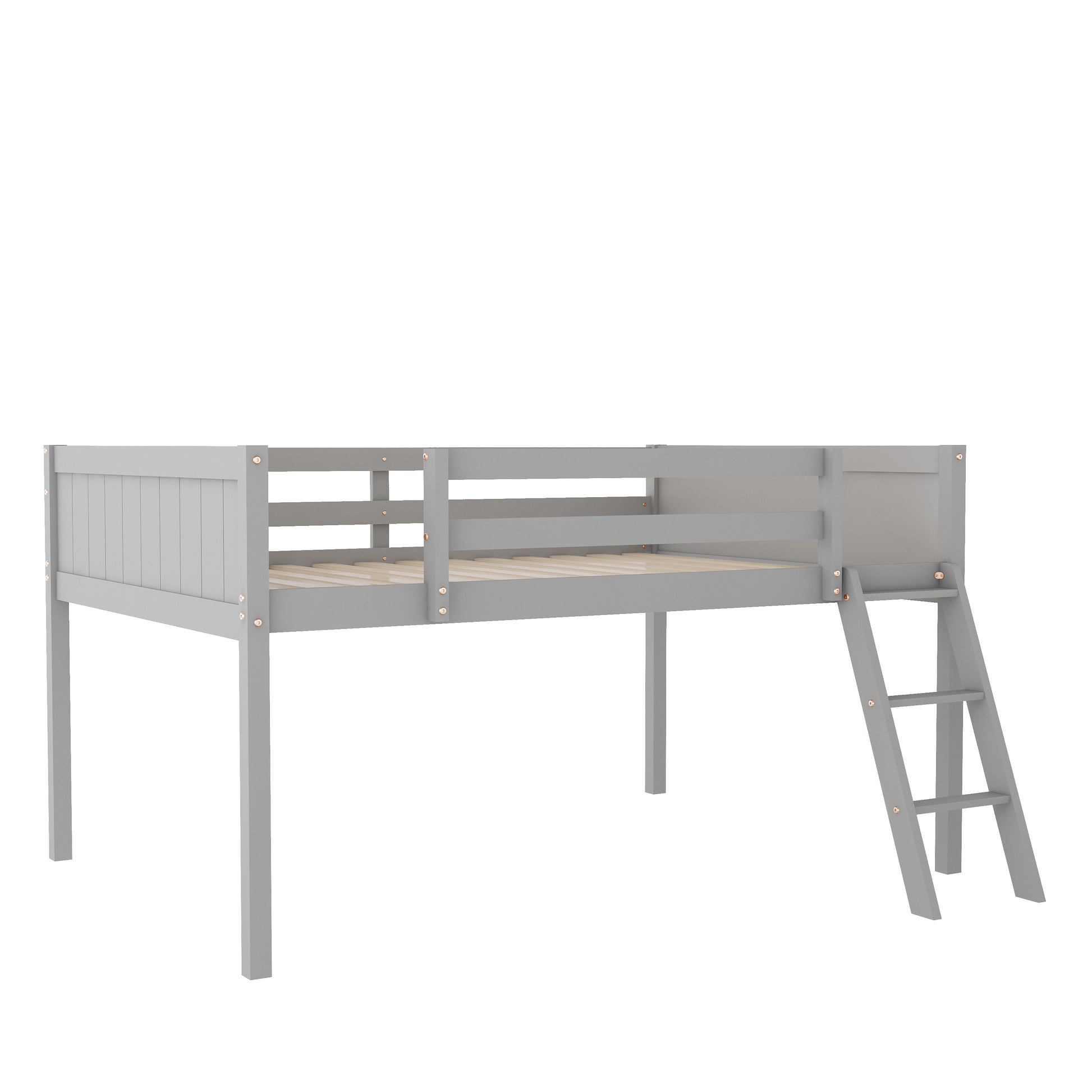 Norela gray loft bed showing the side view with reversible ladder and tall support legs