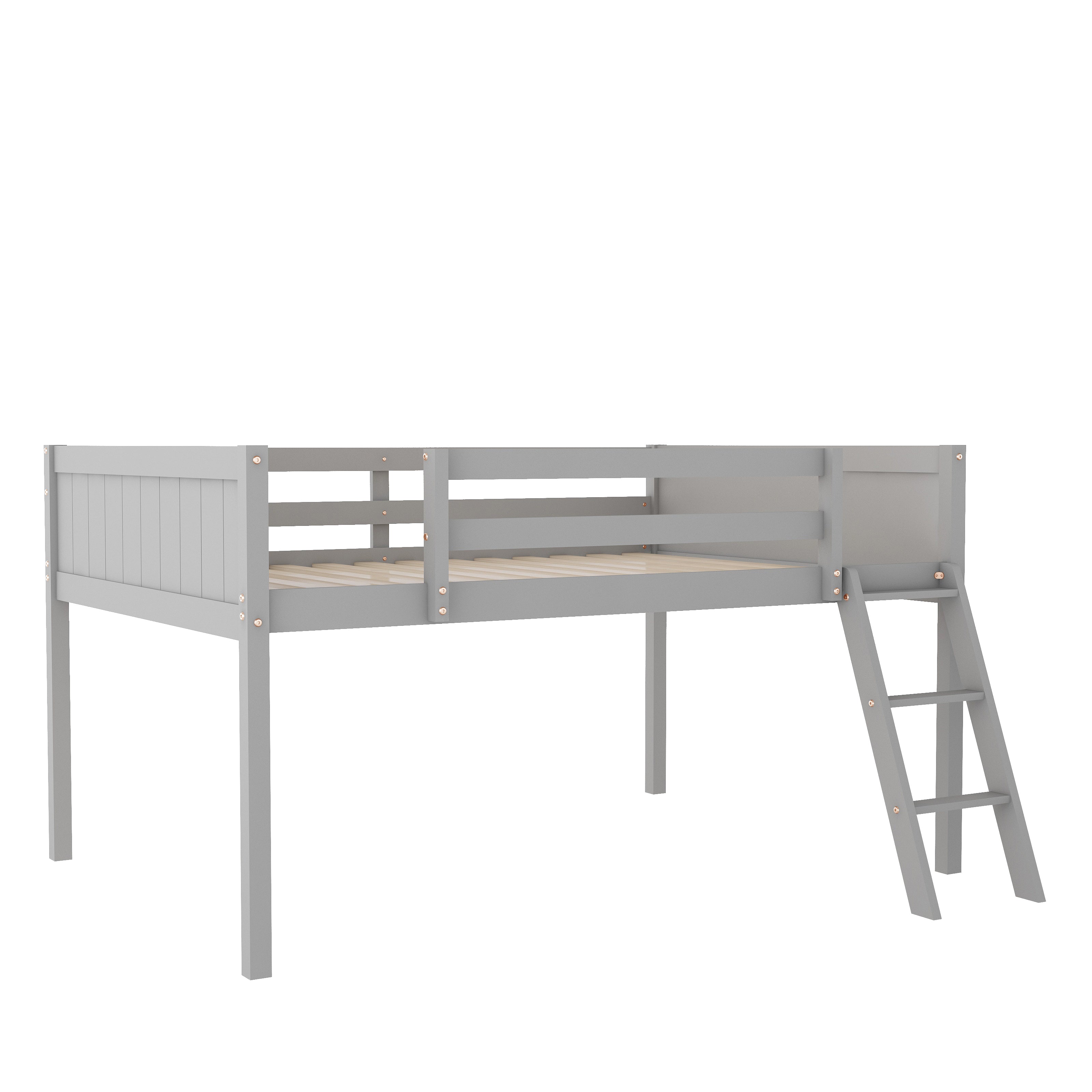 Norela gray loft bed showing the side view with reversible ladder and tall support legs