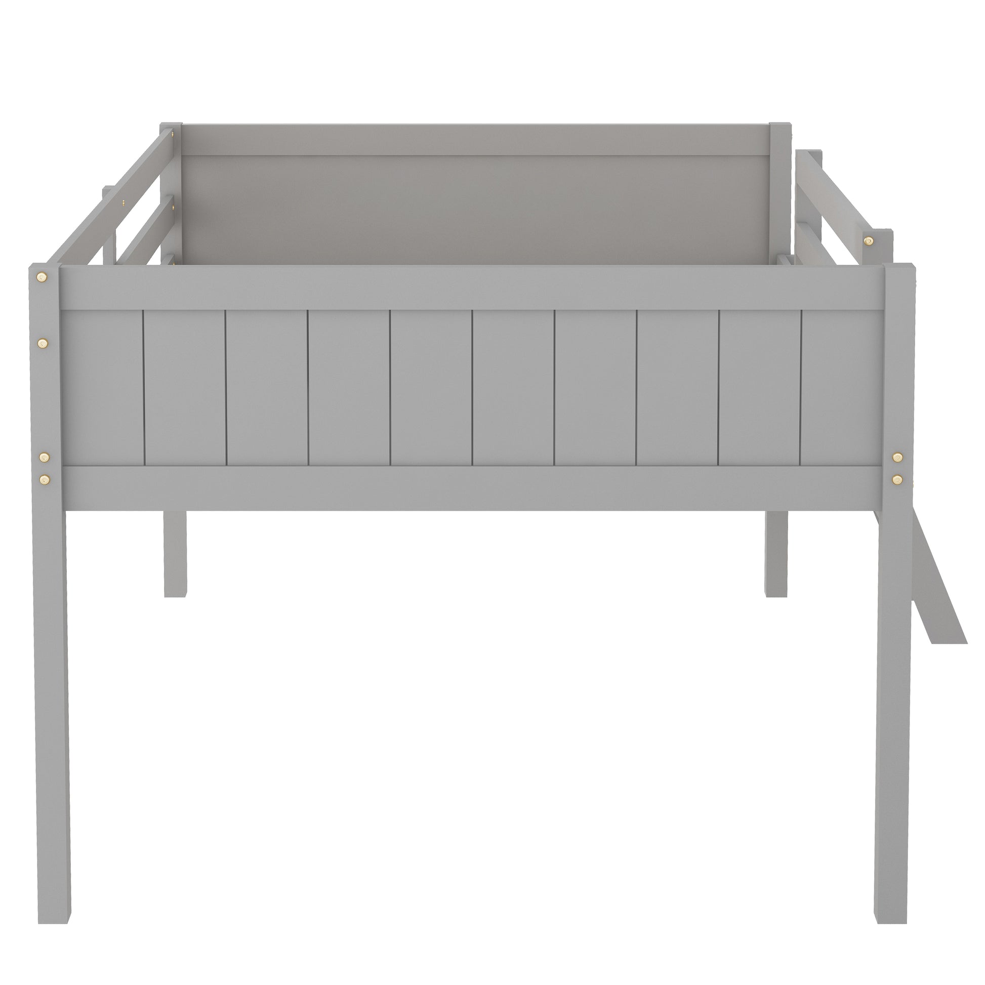 Norela gray loft bed showing the rear view with solid side panel and full-length guardrails