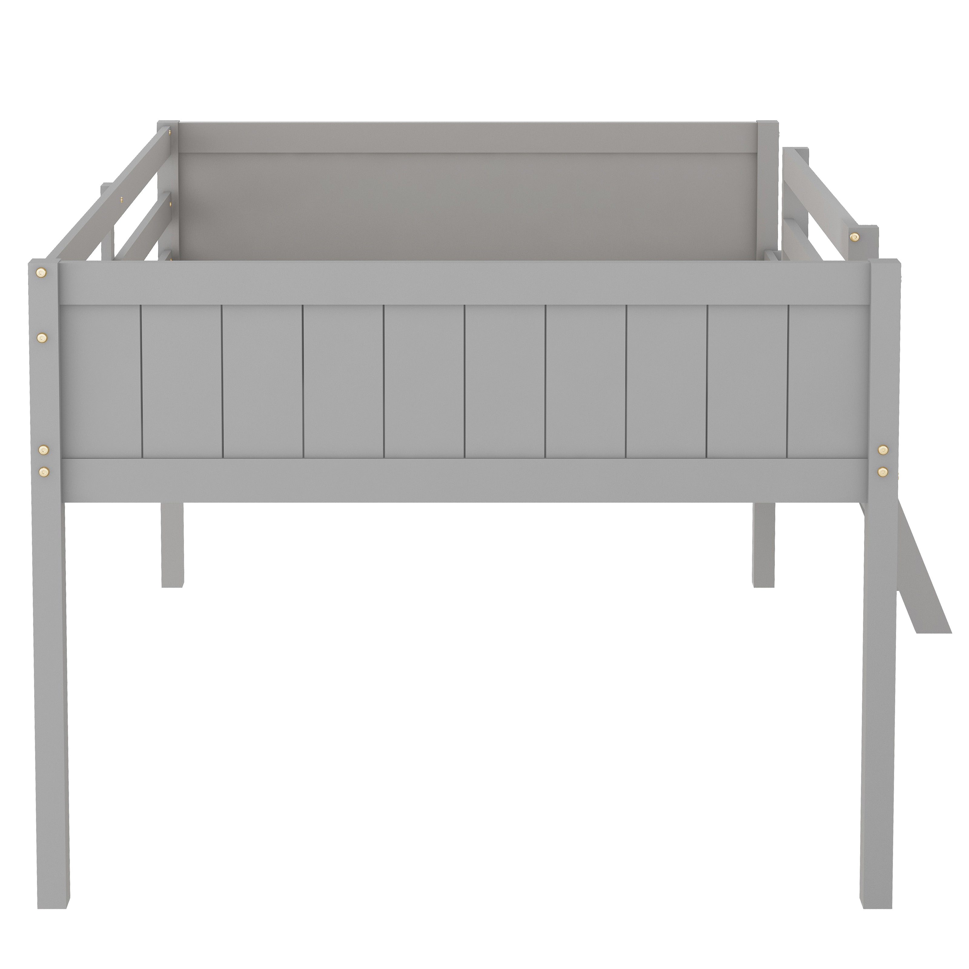 Norela gray loft bed showing the rear view with solid side panel and full-length guardrails