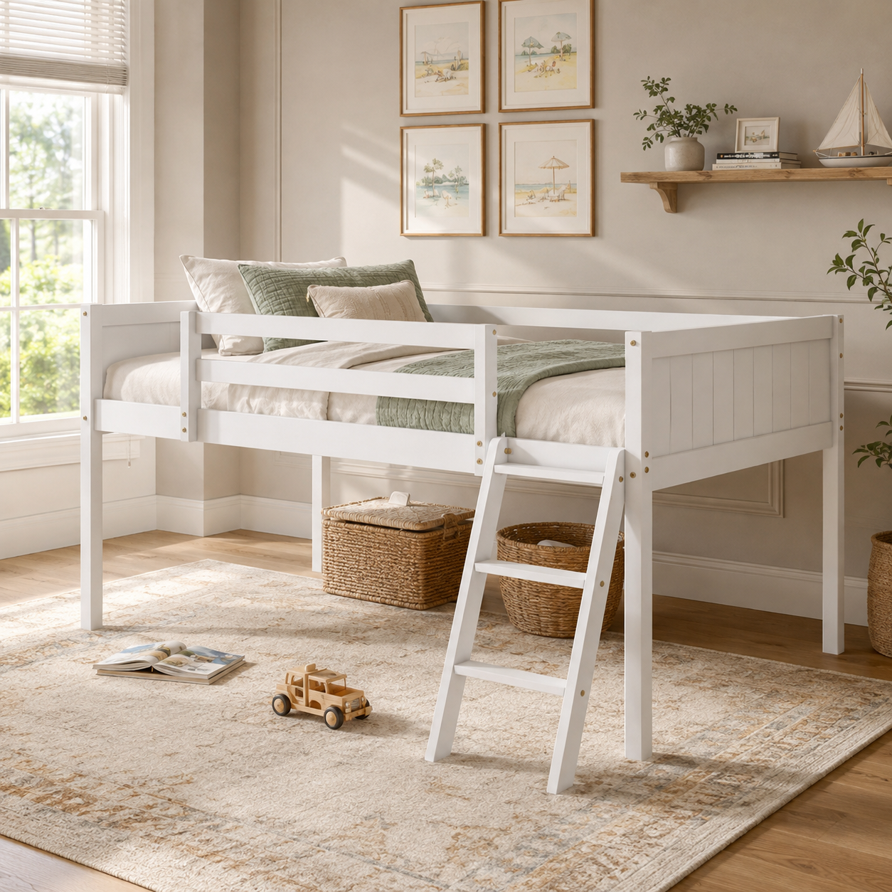 Norela white loft bed showing a full size low loft setup with ladder in a bright neutral bedroom