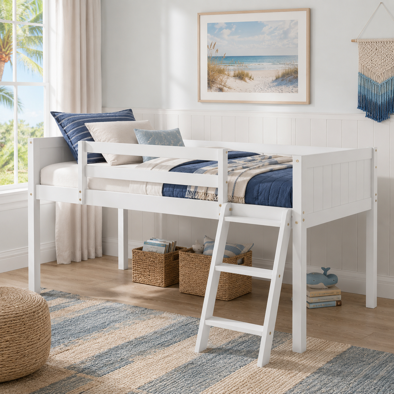 Norela white loft bed showing a study area beneath the raised bed in a bright bedroom