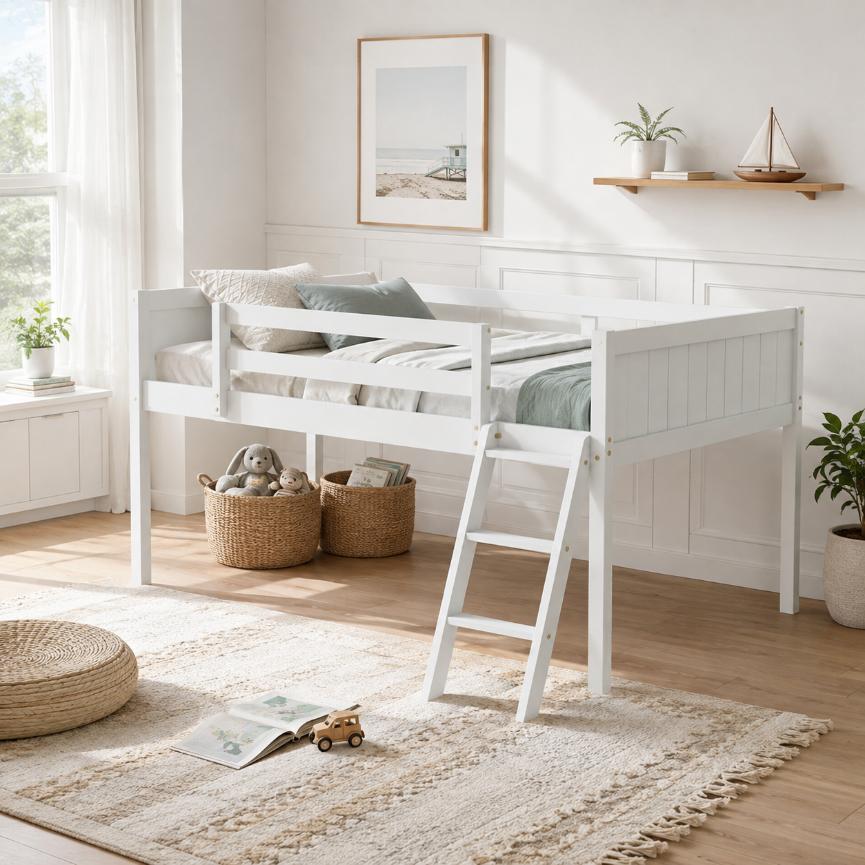 Norela white loft bed showing a low loft layout with ladder and open underbed space near a window