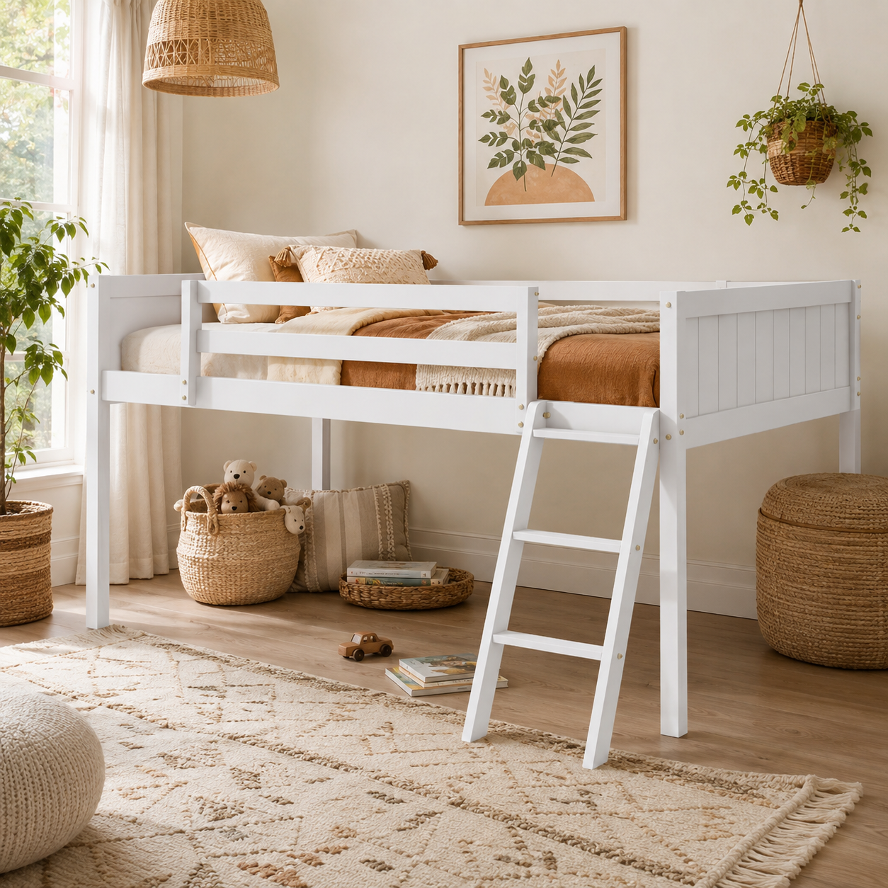 Norela white loft bed showing a compact bedroom setup with ladder and underbed storage space
