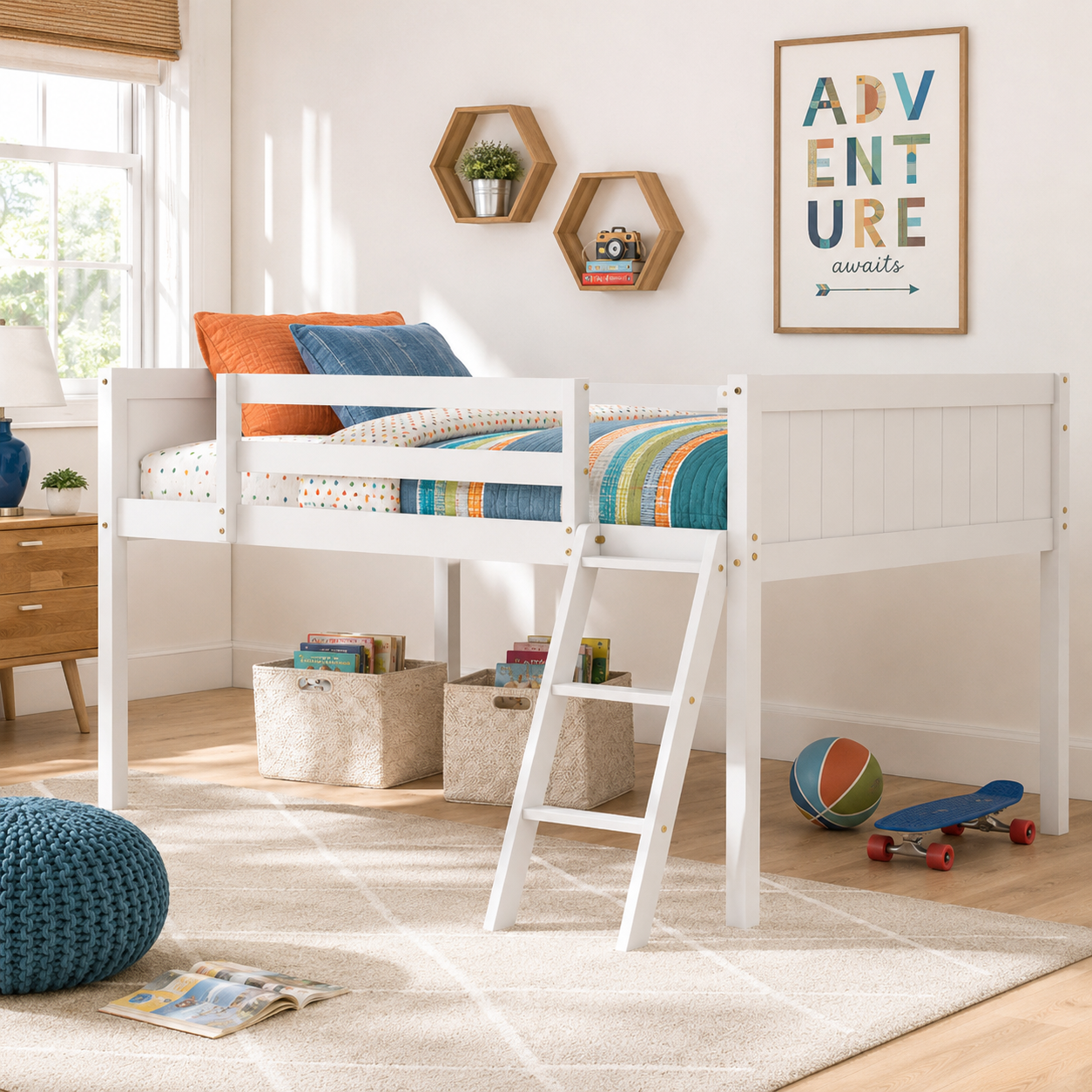 Norela white loft bed showing an underbed study area with desk and chair in a colorful bedroom