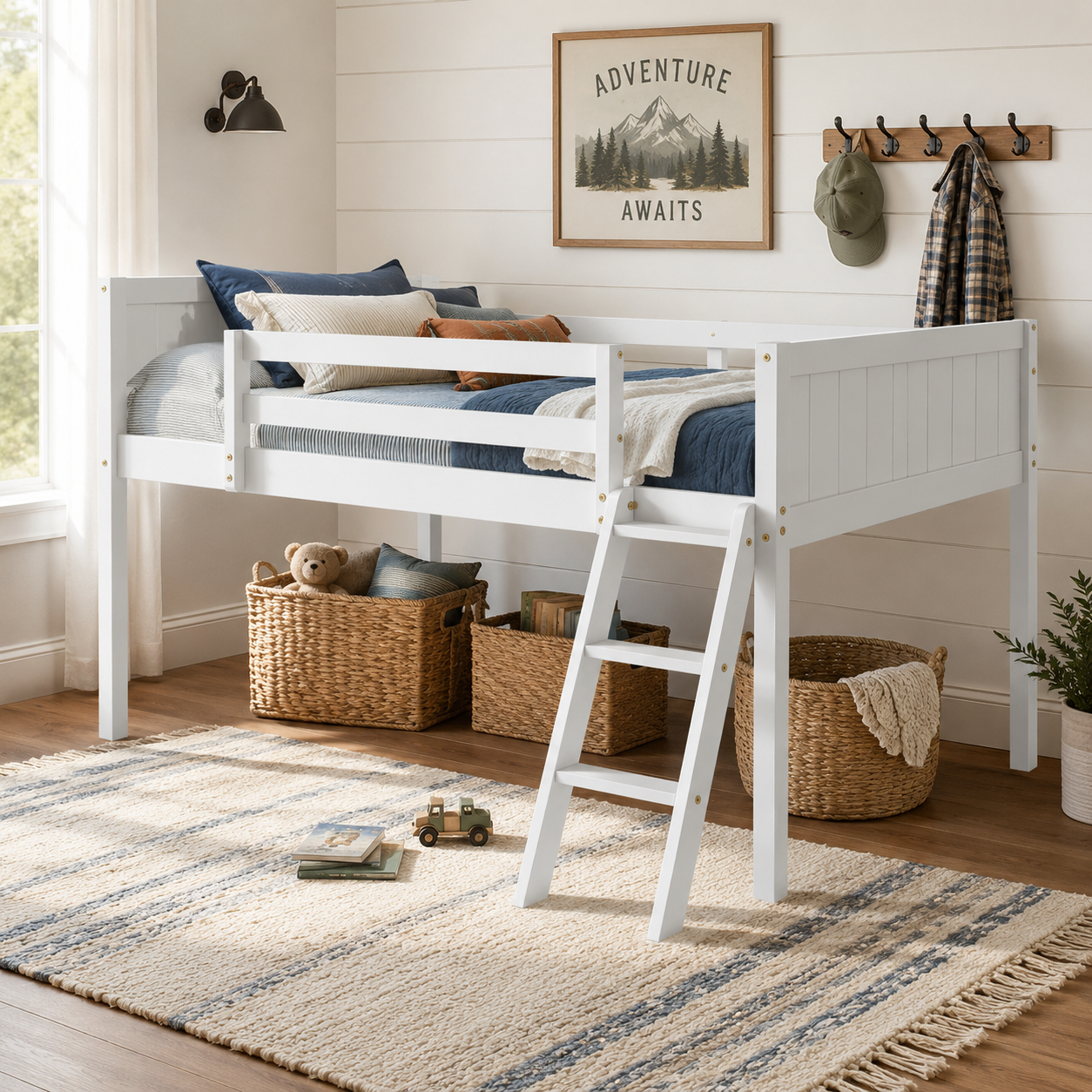 Norela white loft bed showing a bright bedroom workspace beneath the raised sleeping platform