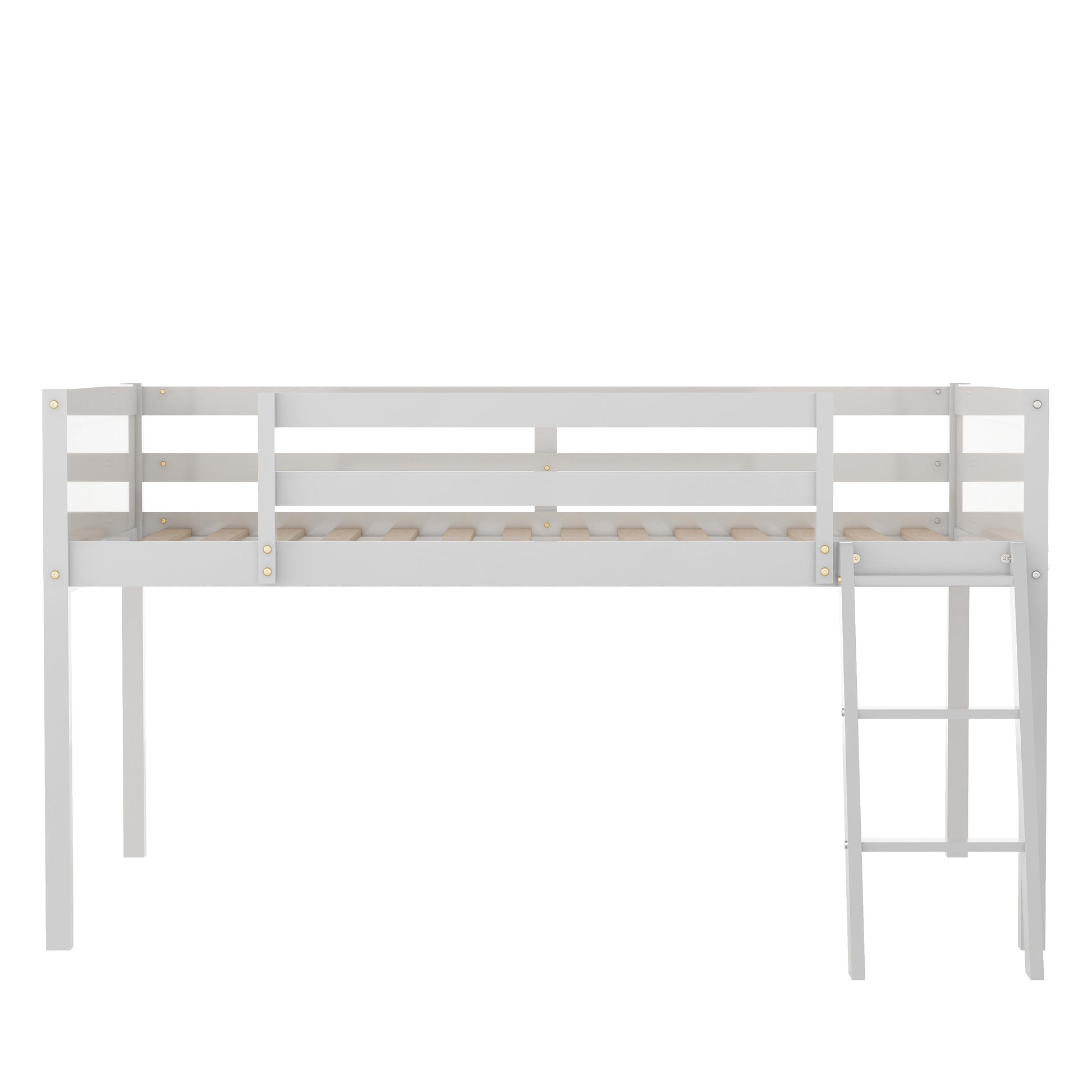 Norela white loft bed showing the front view with upper guardrails and open underbed space