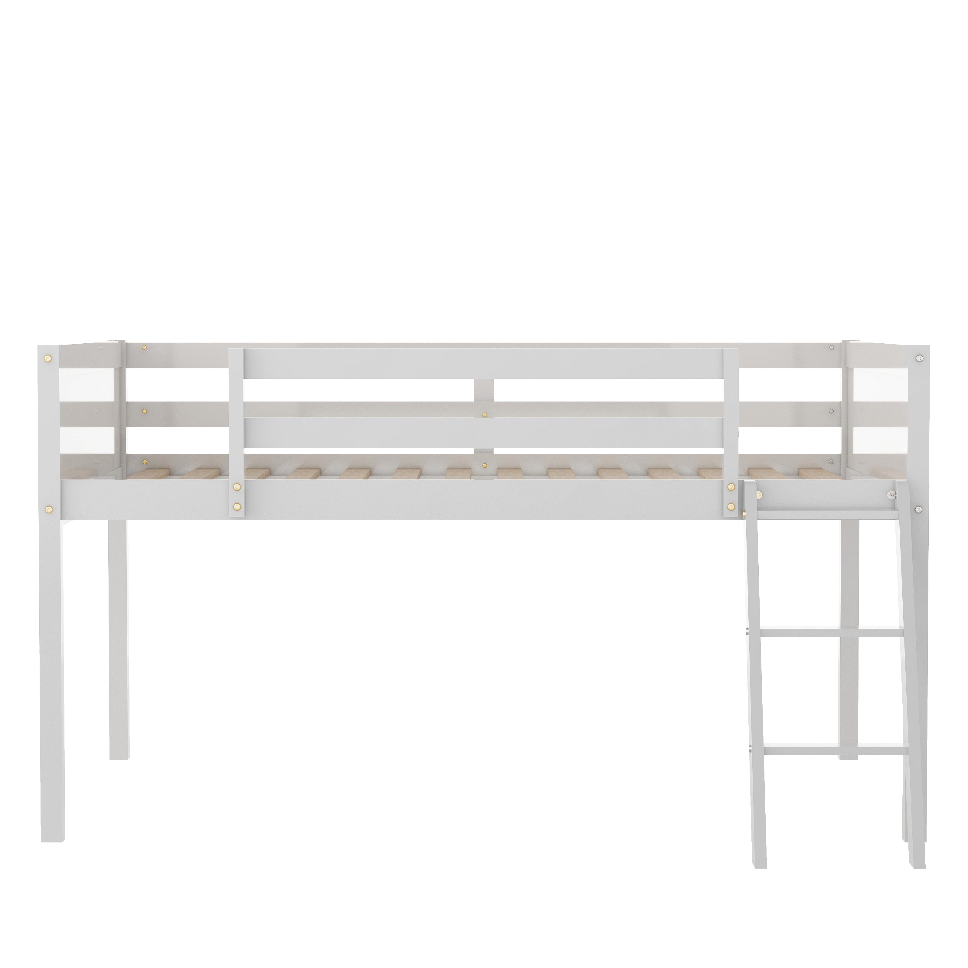 Norela white loft bed showing the front view with upper guardrails and open underbed space