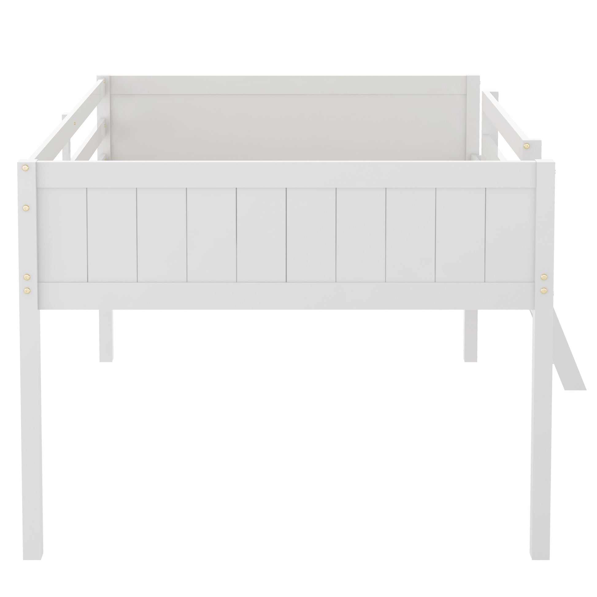 Norela white loft bed showing the rear view with solid side panel and tall support legs
