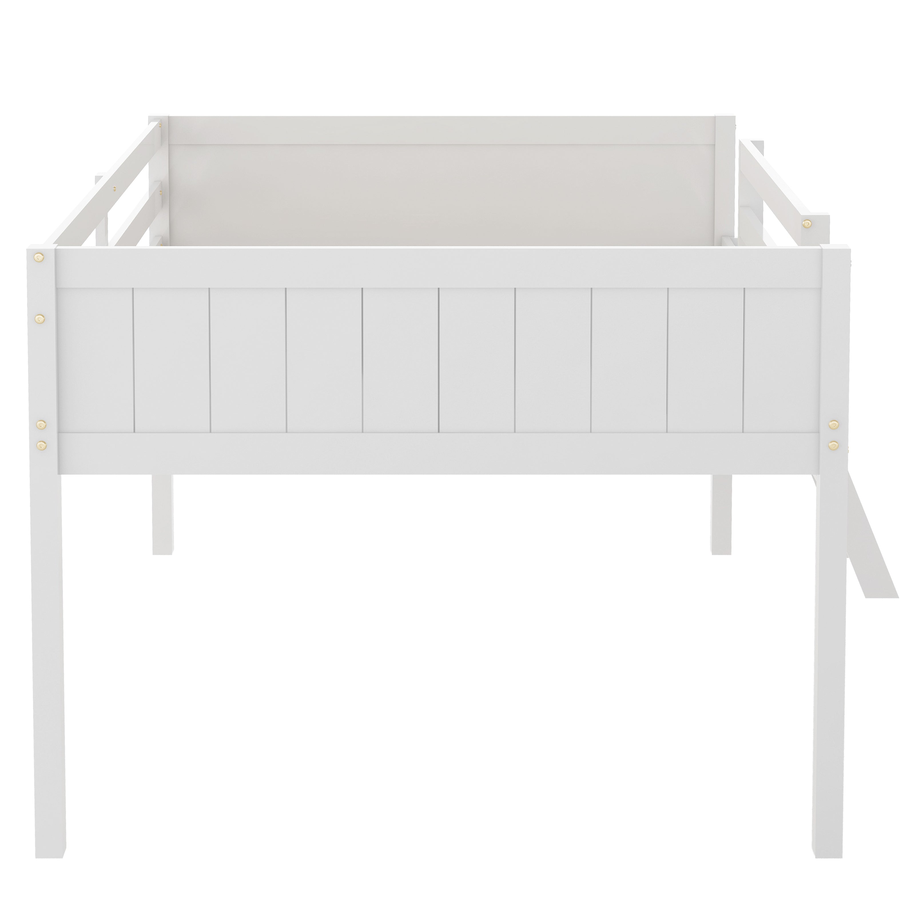 Norela white loft bed showing the rear view with solid side panel and tall support legs
