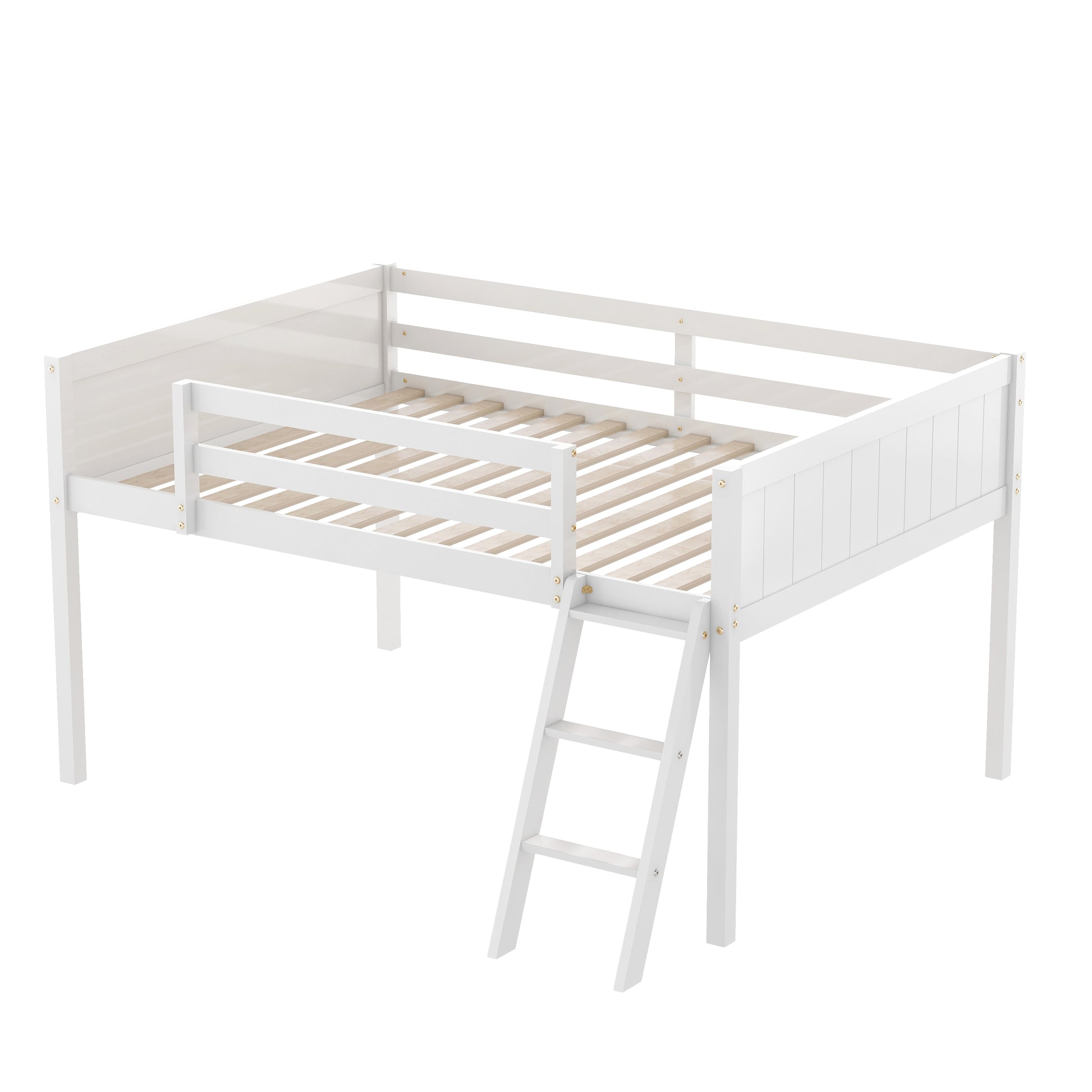 Norela white loft bed showing an angled front view with reversible ladder and wood slat platform