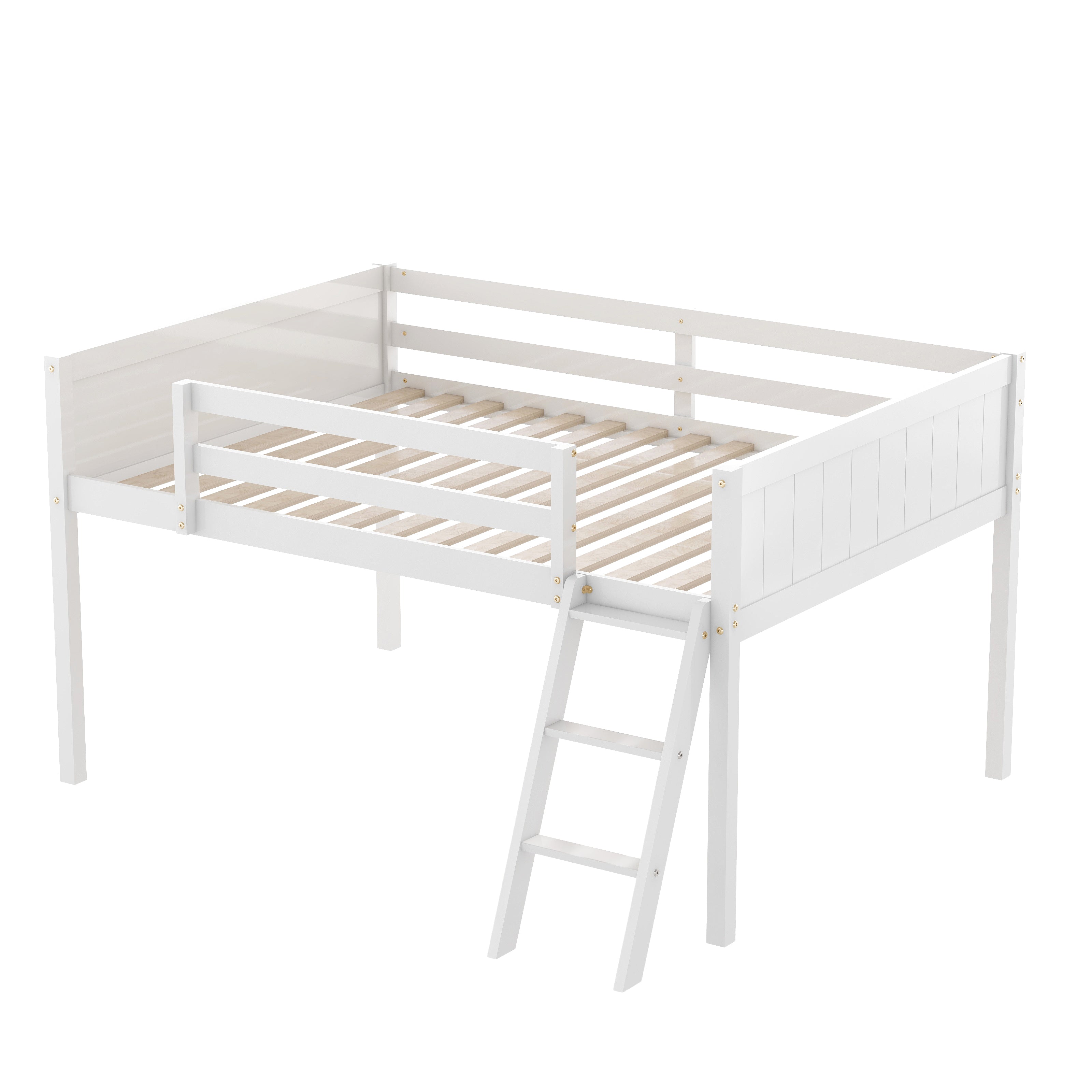 Norela white loft bed showing an angled front view with reversible ladder and wood slat platform