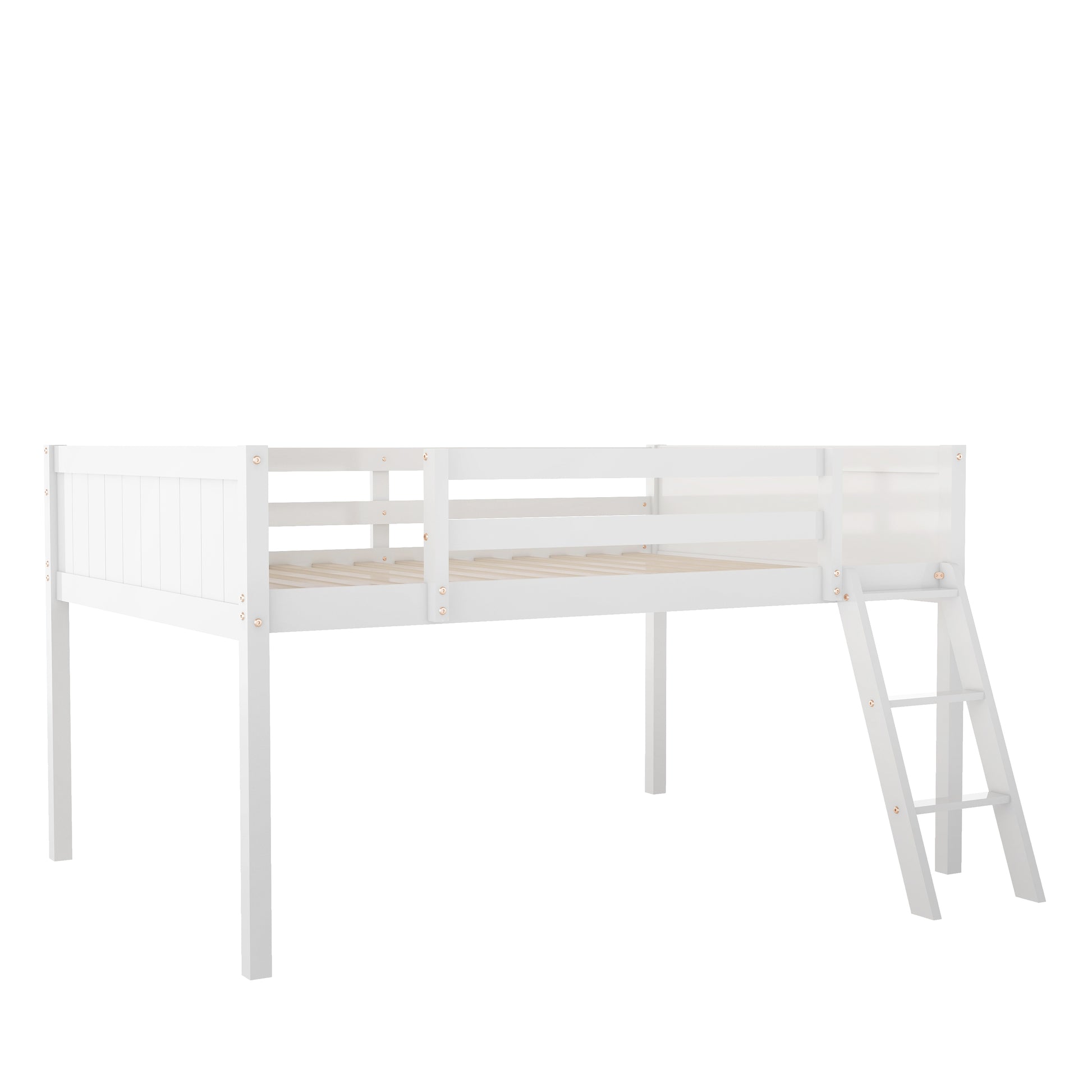 Norela white loft bed showing the side view with ladder and open space beneath the bed