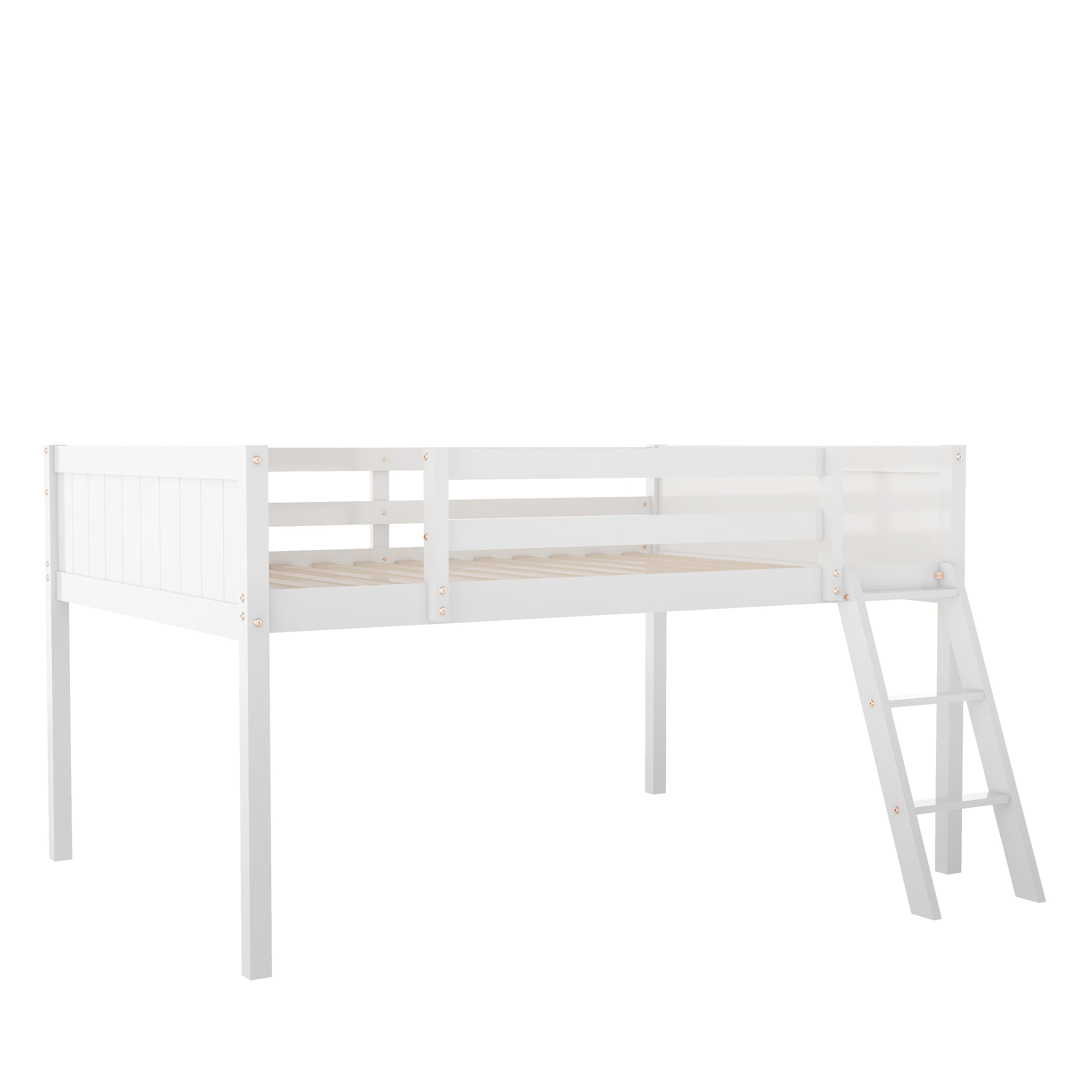Norela white loft bed showing the side view with ladder and open space beneath the bed