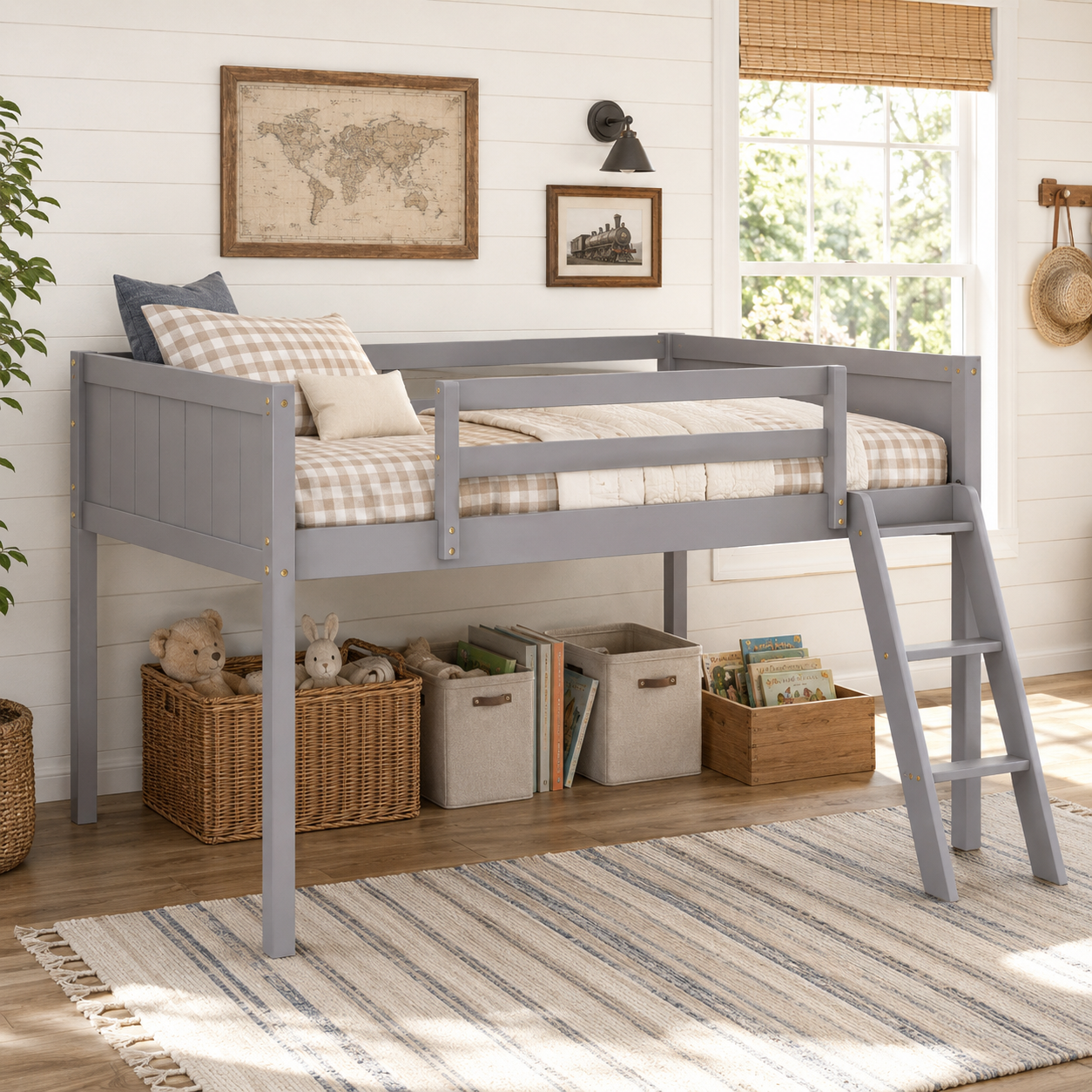 Norela gray twin size wood low loft bed with reversible ladder in a cozy bedroom
