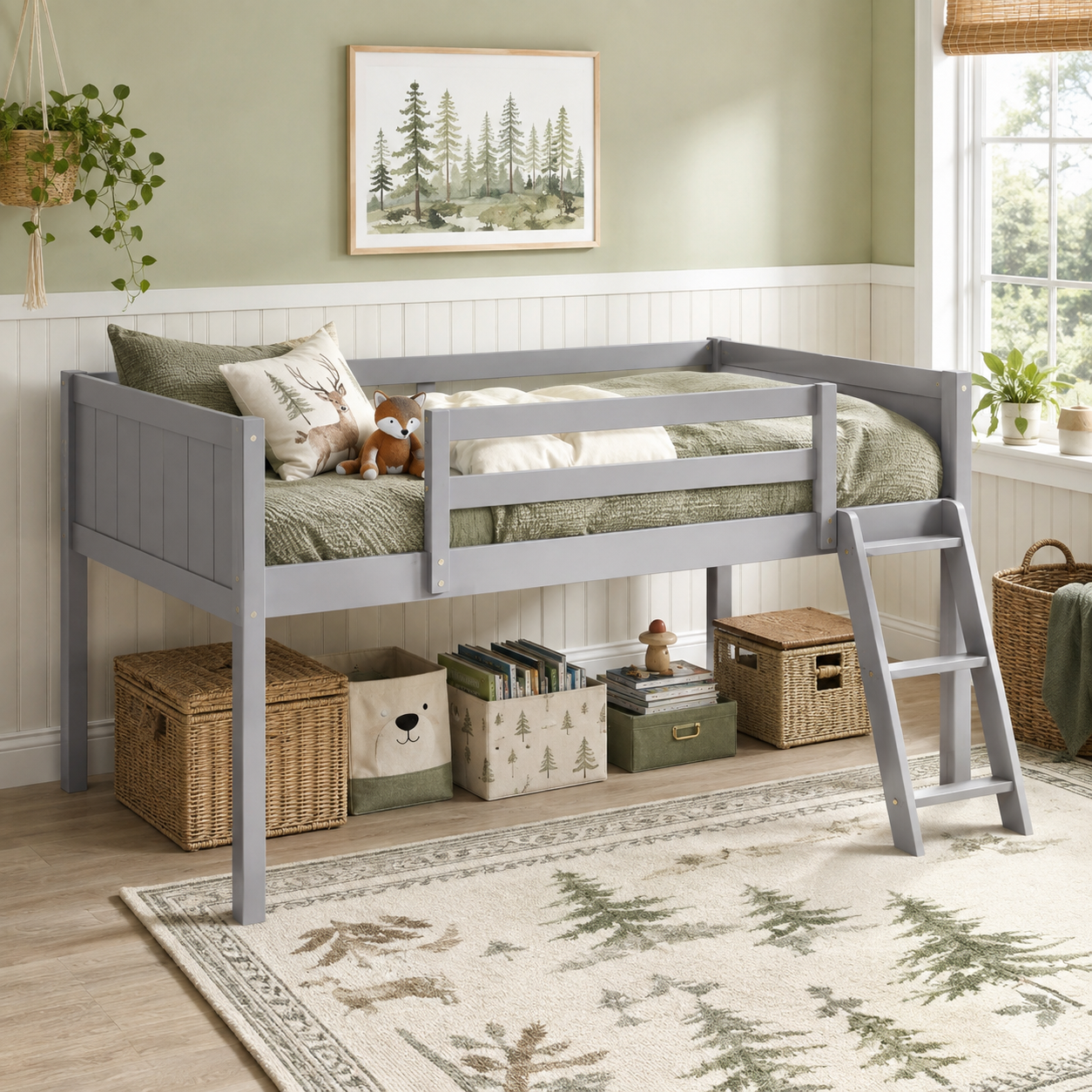 Norela gray twin size low loft bed with underbed storage baskets in a bright kids room