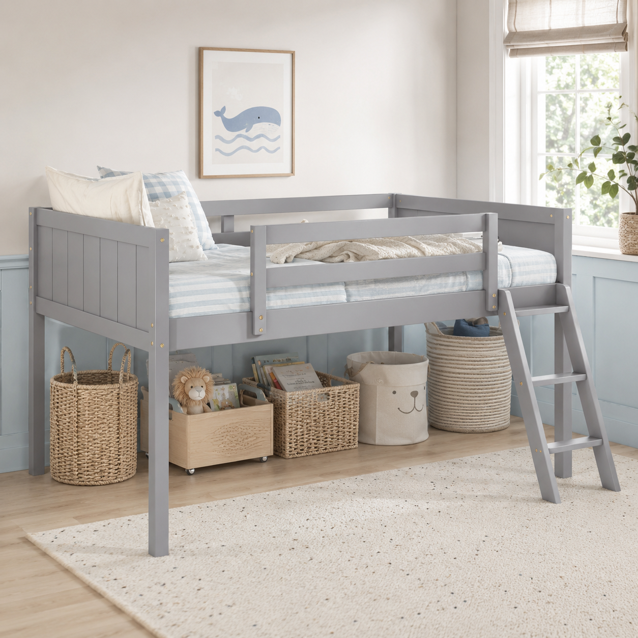 Norela gray twin size wood low loft bed in a neutral bedroom with open storage space underneath