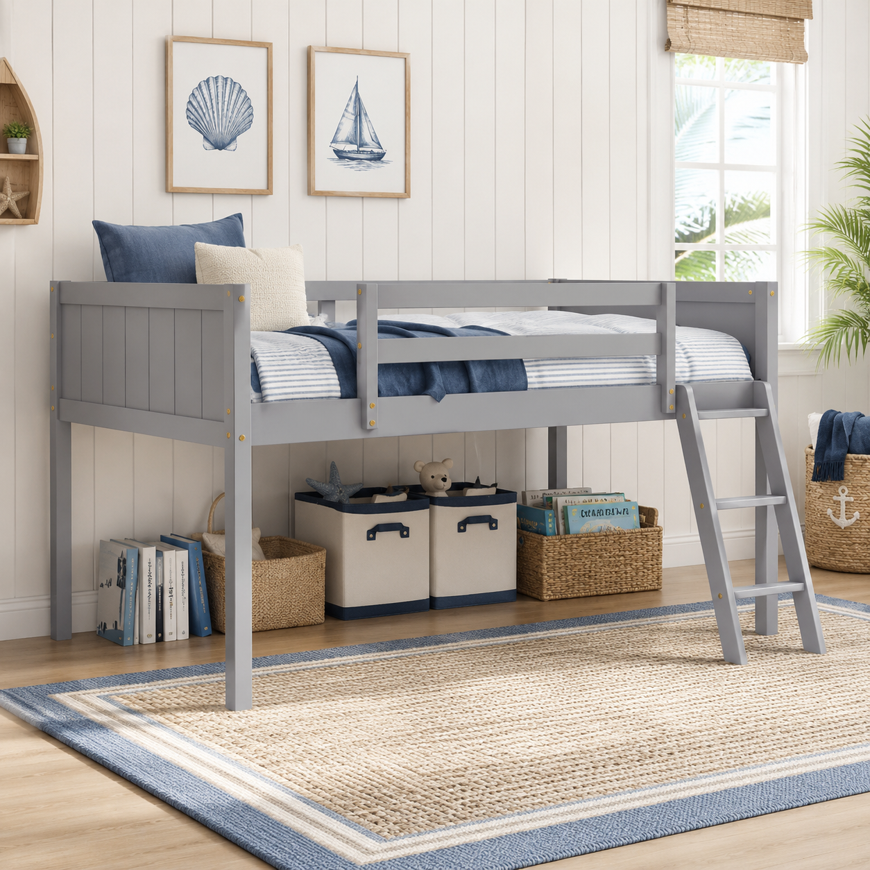 Norela gray twin size low loft bed with reversible ladder in a modern bedroom with blue accents
