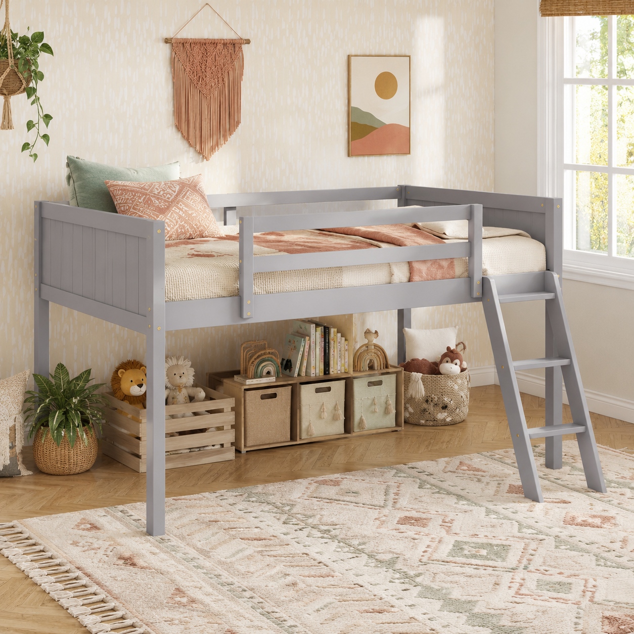 Norela gray twin size wood low loft bed in a warm bedroom with baskets beneath the frame
