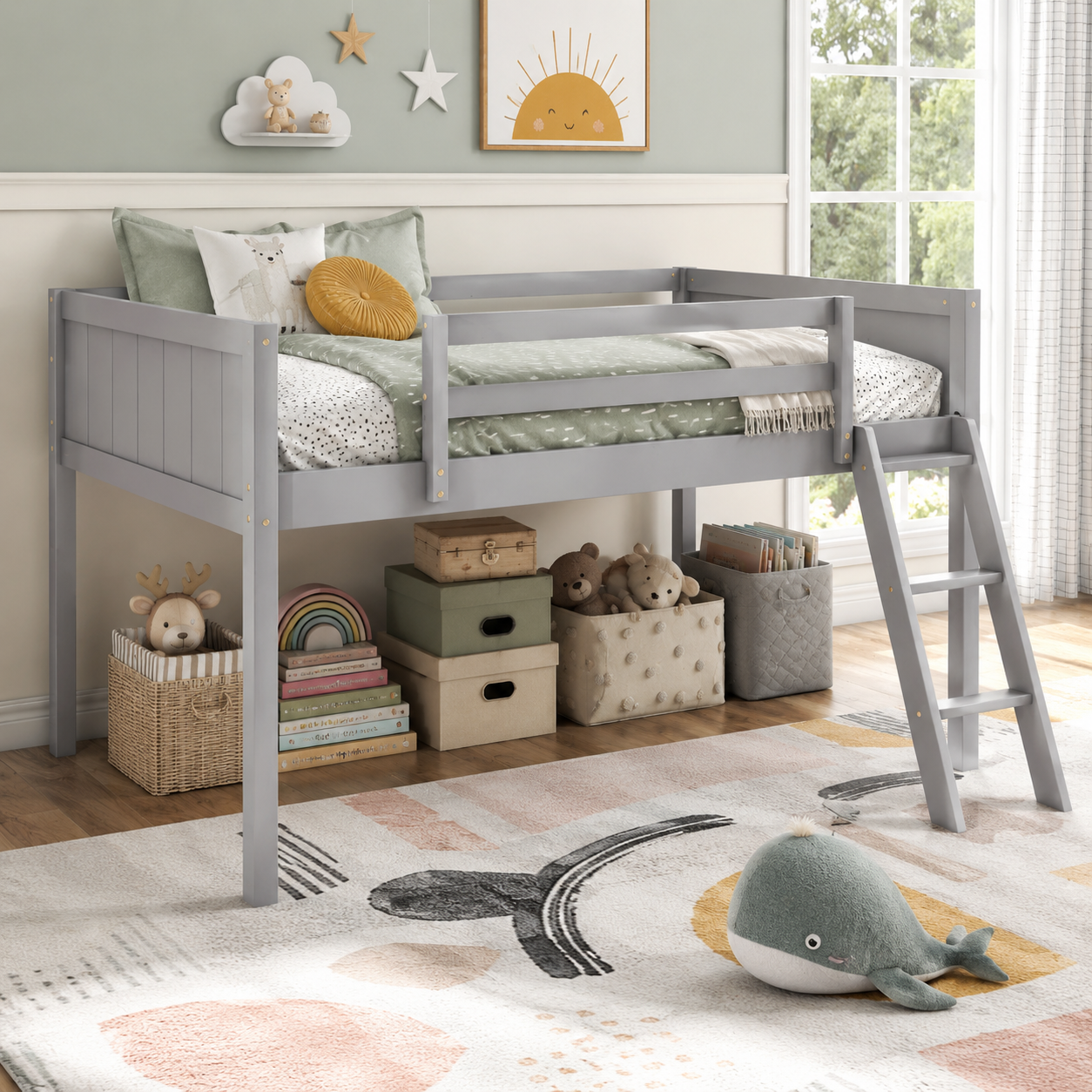 Norela gray twin size low loft bed in a kids room with soft toys and underbed storage bins