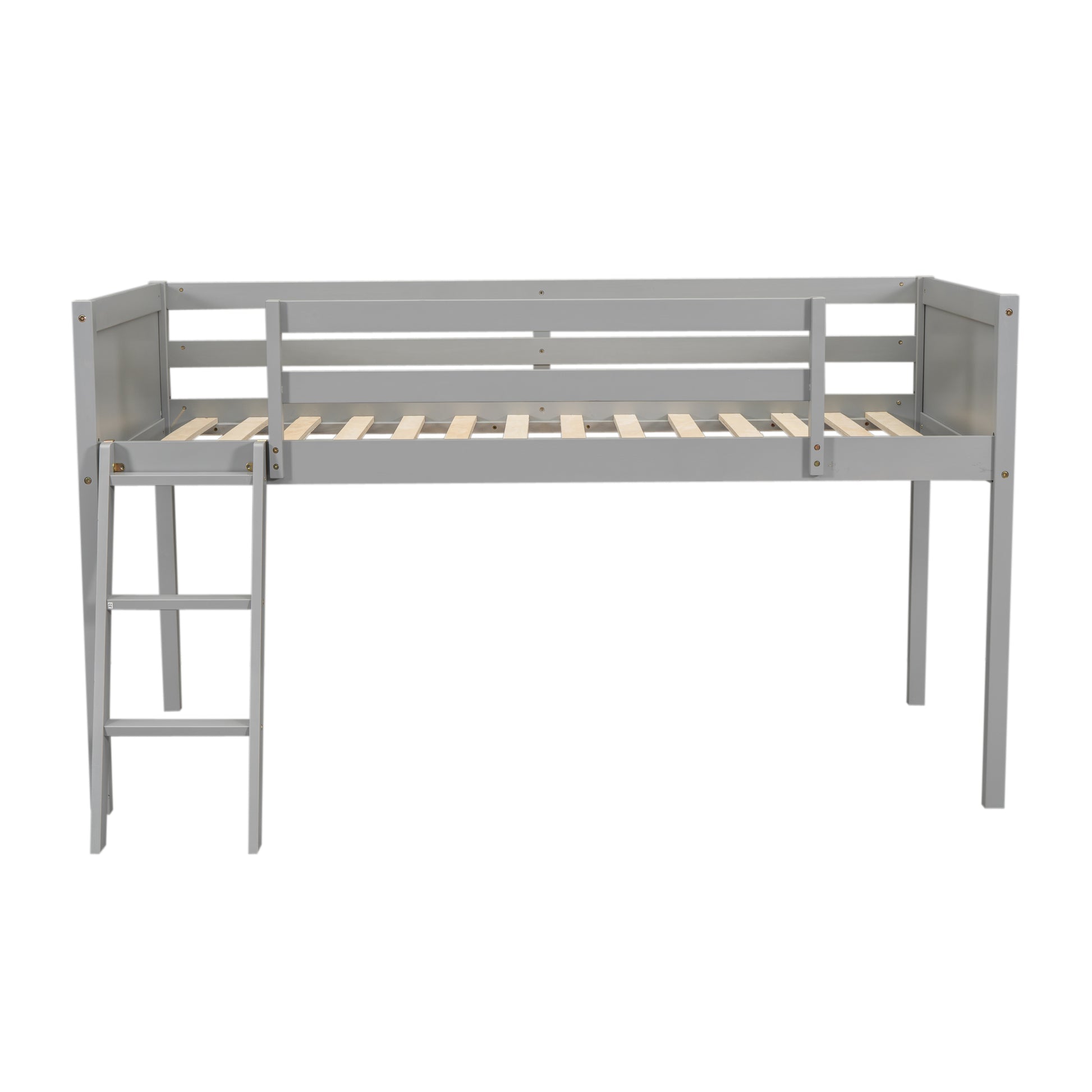 Norela gray twin size wood low loft bed straight front view on white background