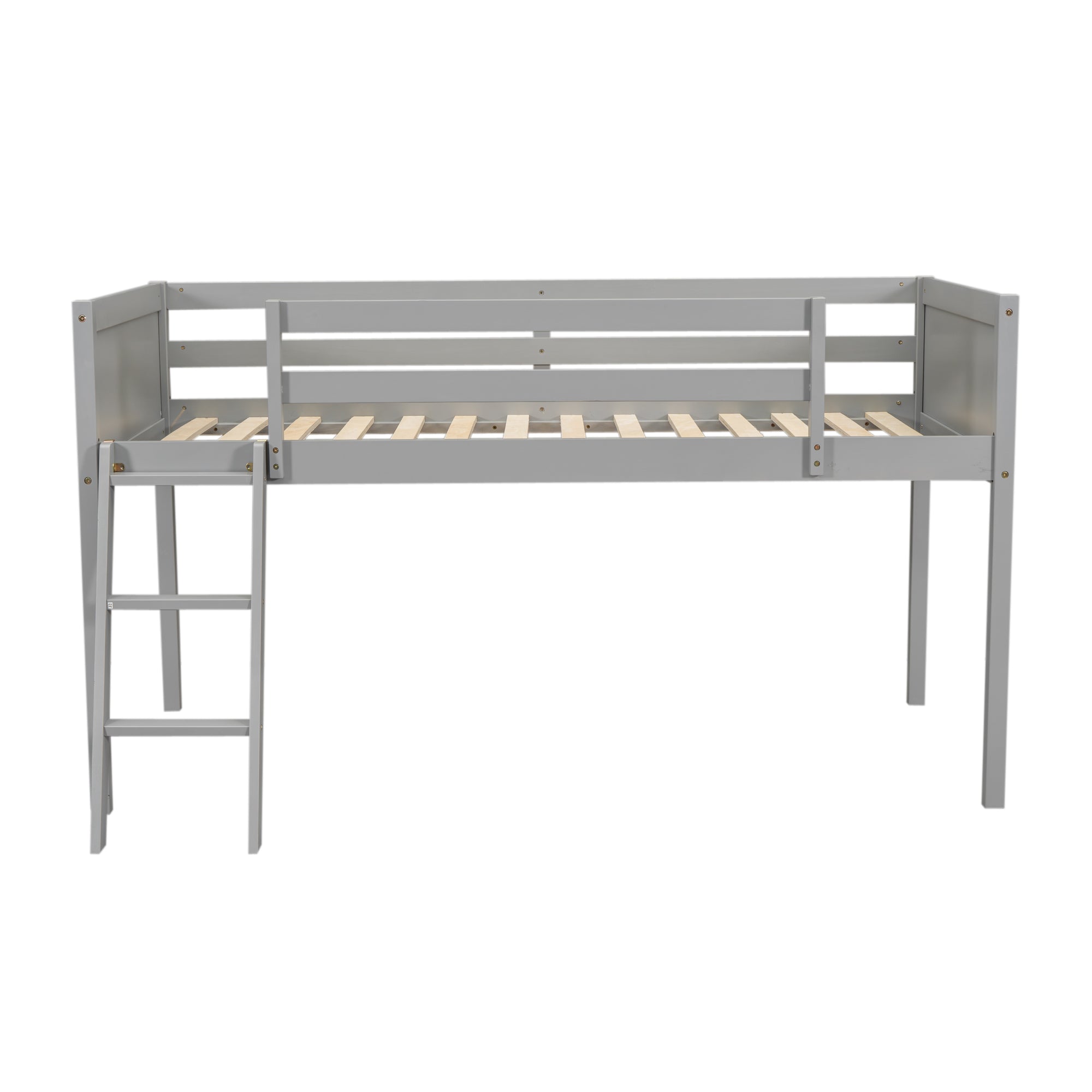 Norela gray twin size wood low loft bed straight front view on white background