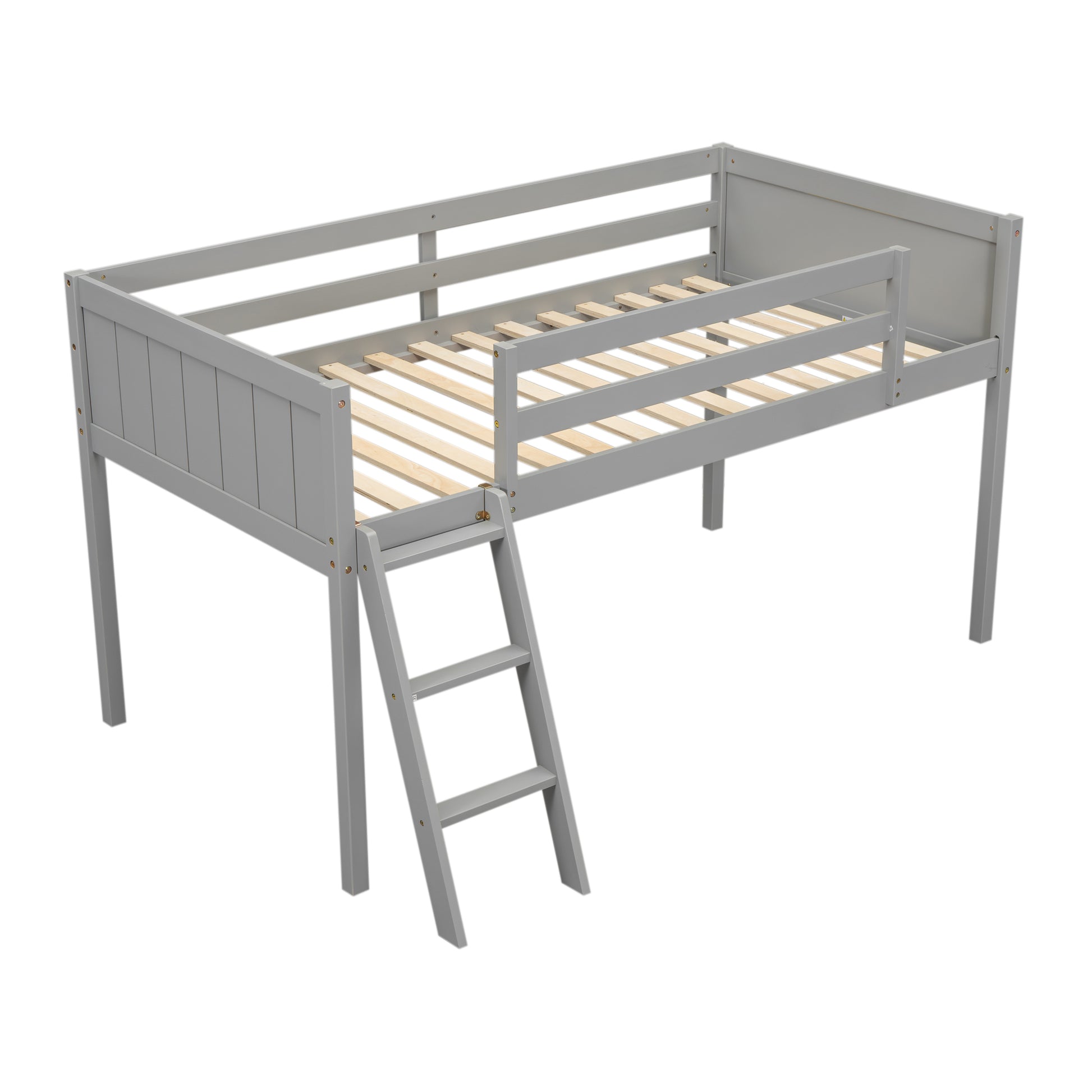 Norela gray twin size low loft bed front angled view with reversible ladder on white background