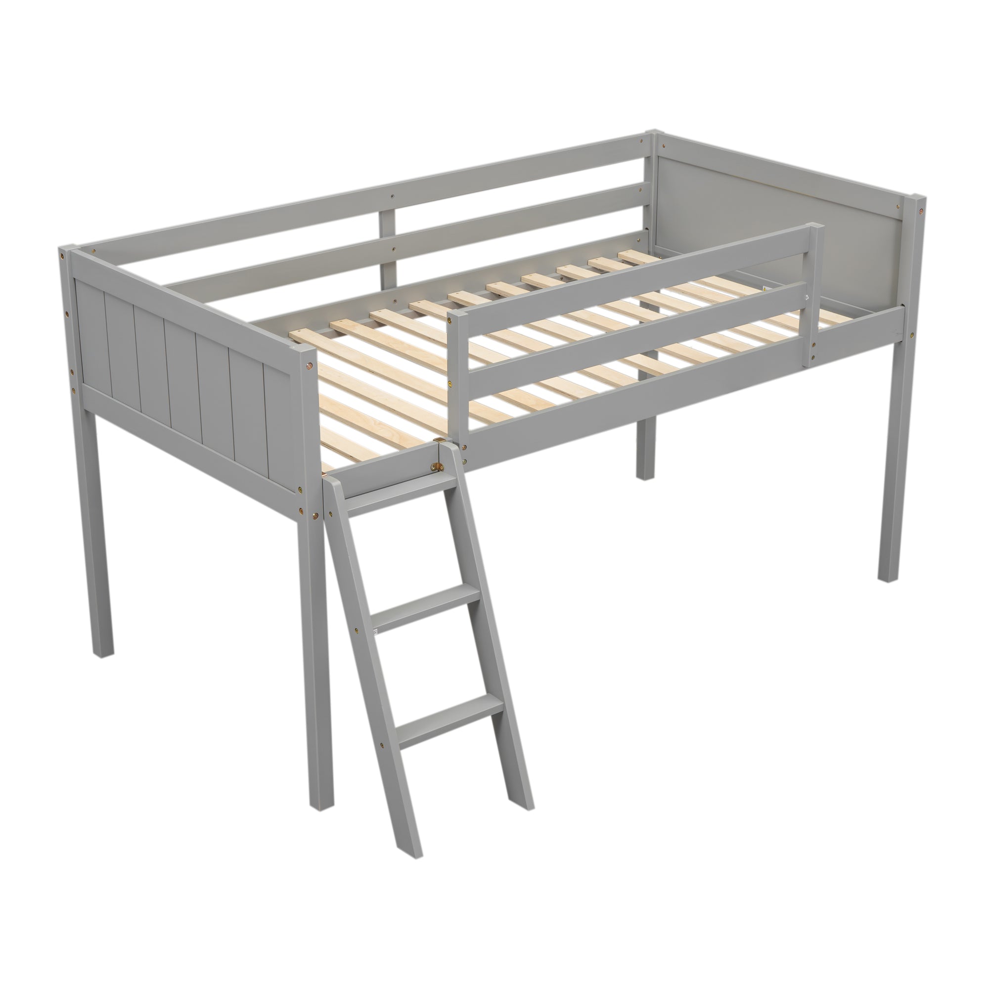 Norela gray twin size low loft bed front angled view with reversible ladder on white background