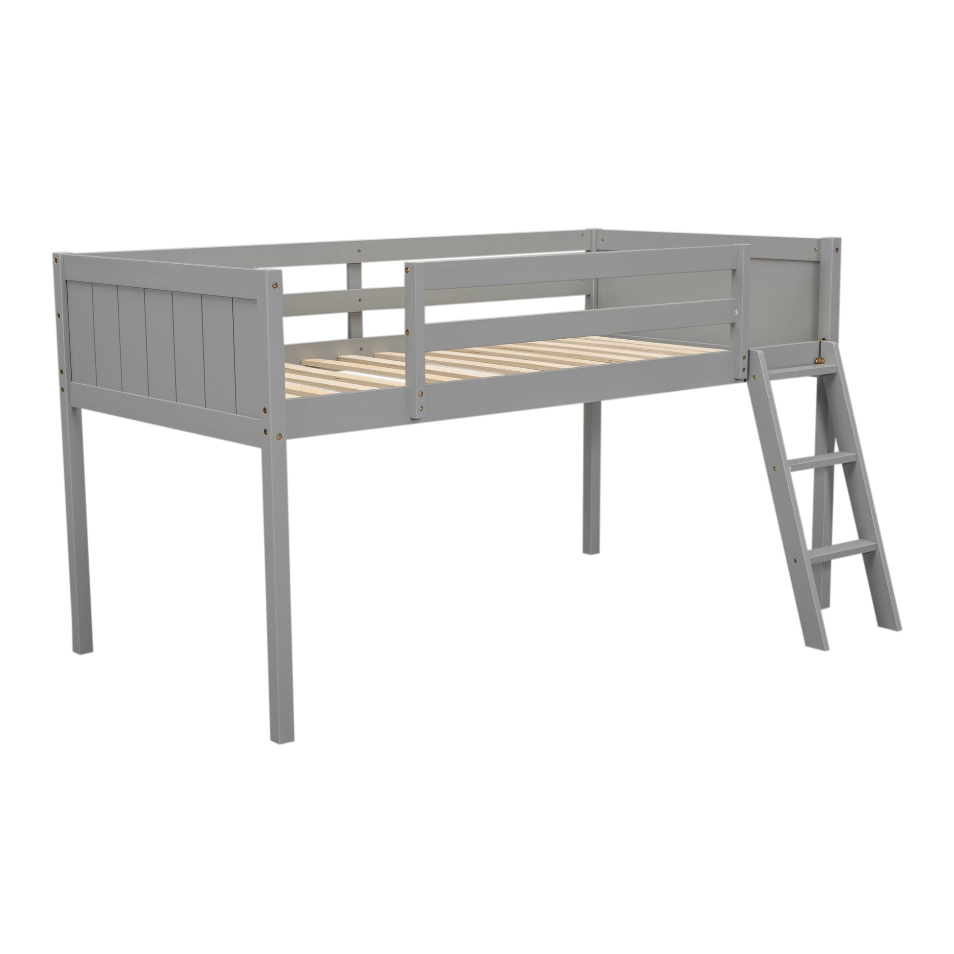 Norela gray twin size low loft bed side view with full-length guardrails on white background