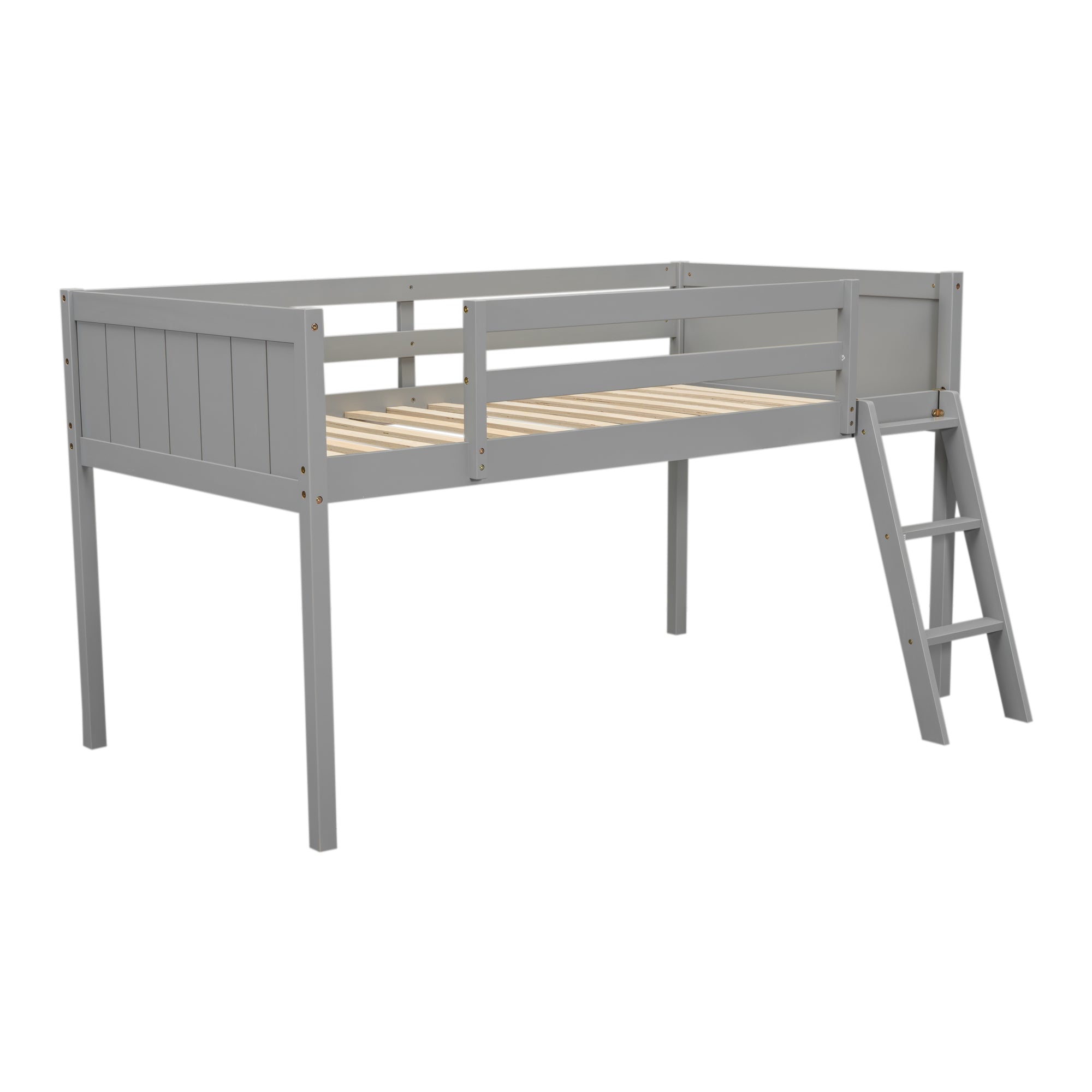 Norela gray twin size low loft bed side view with full-length guardrails on white background