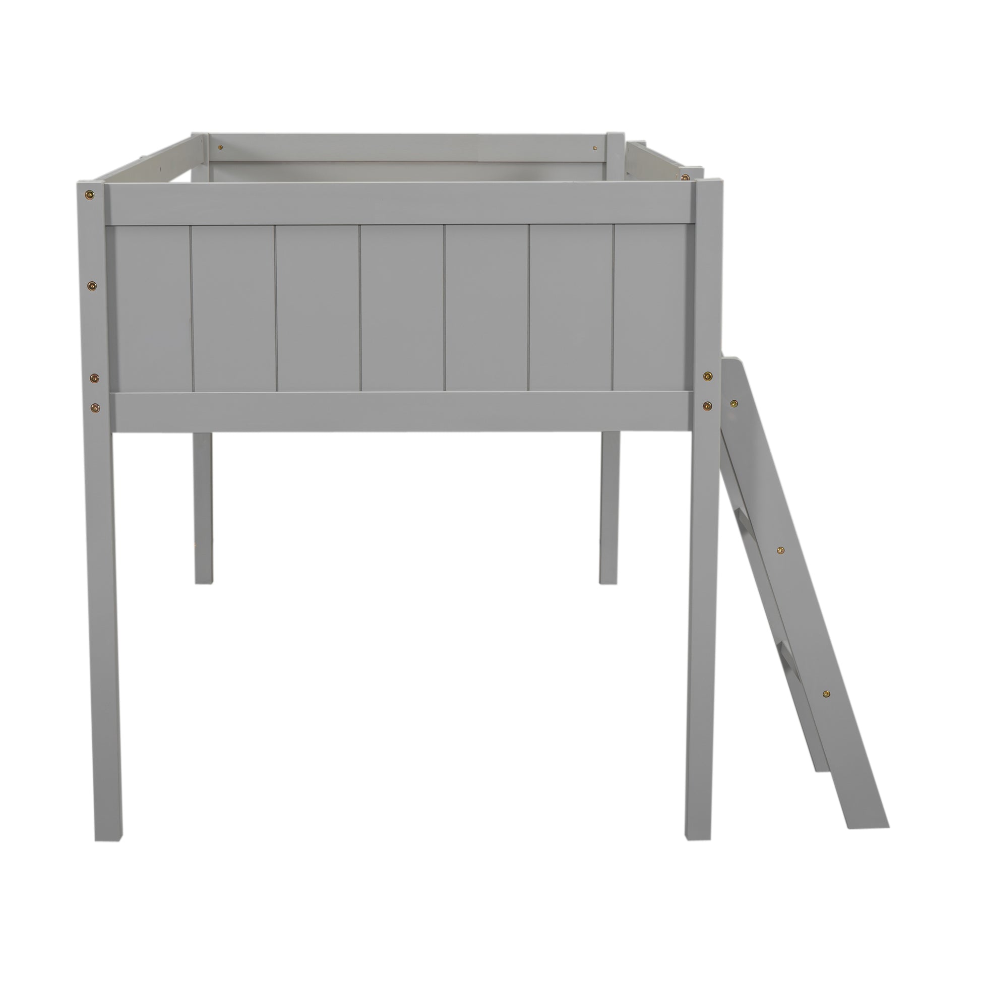 Norela gray twin size low loft bed side view with ladder on white background