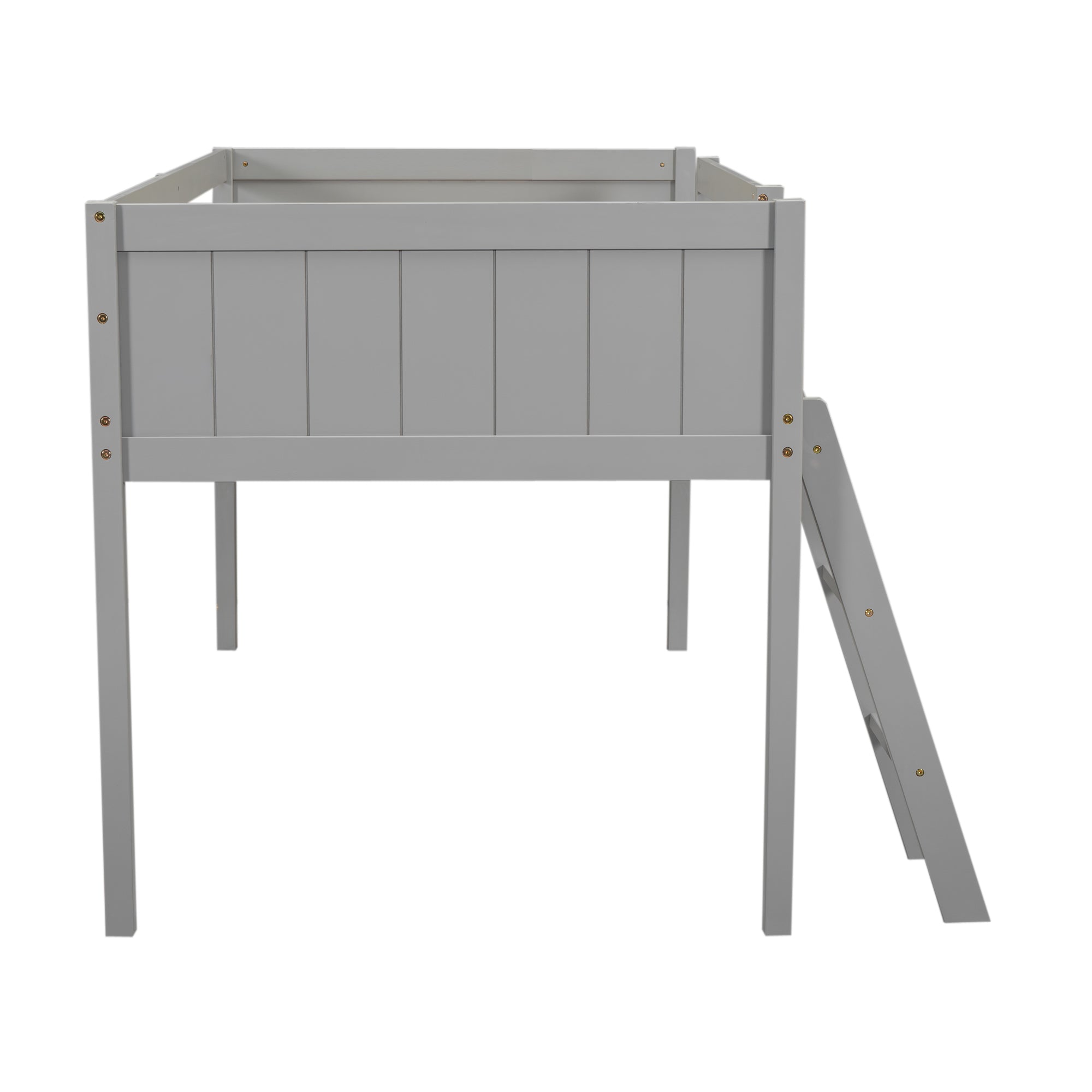 Norela gray twin size low loft bed side view with ladder on white background
