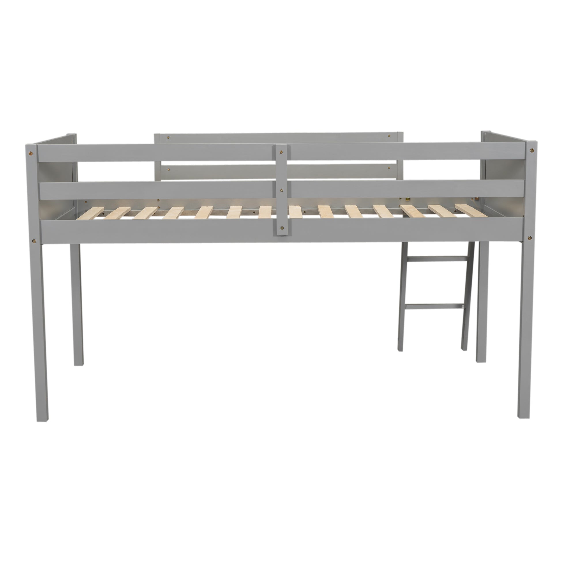 Norela gray twin size low loft bed rear view showing wood slats and ladder on white background