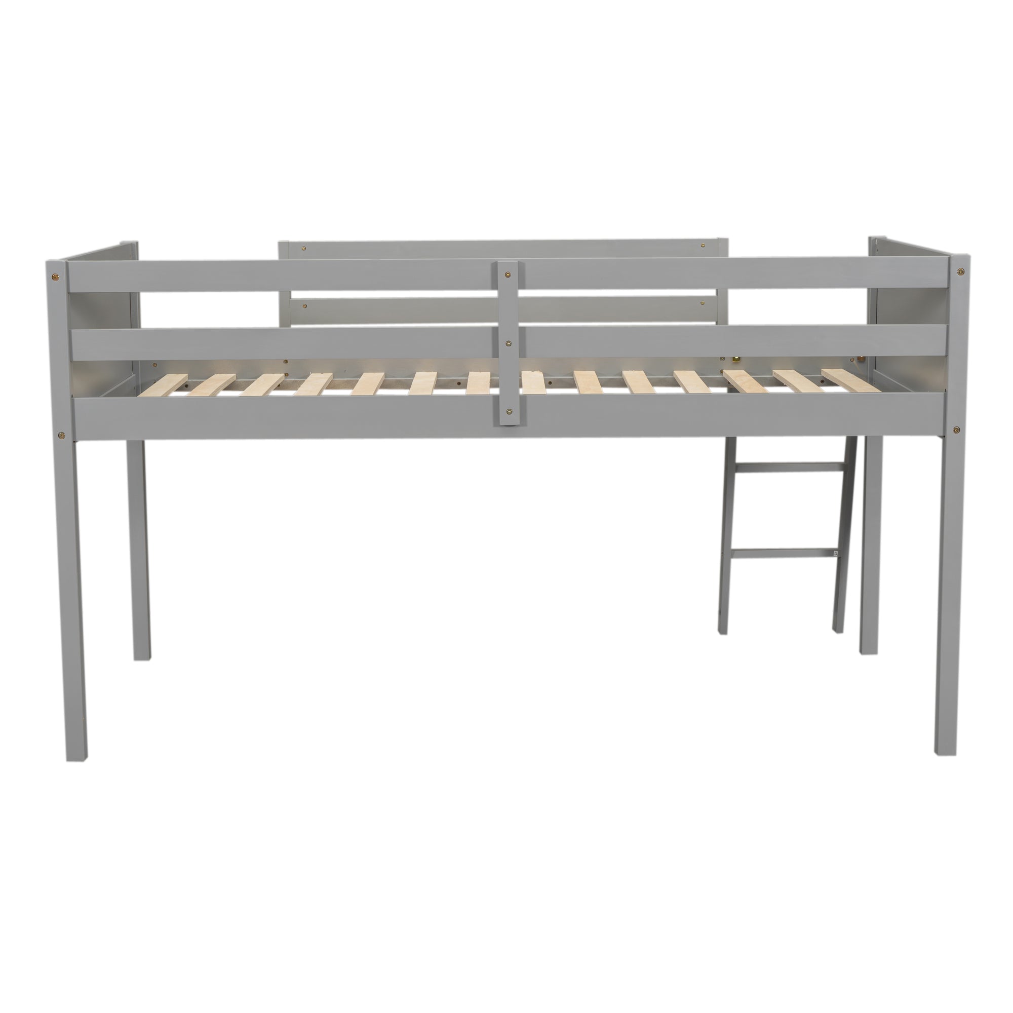 Norela gray twin size low loft bed rear view showing wood slats and ladder on white background
