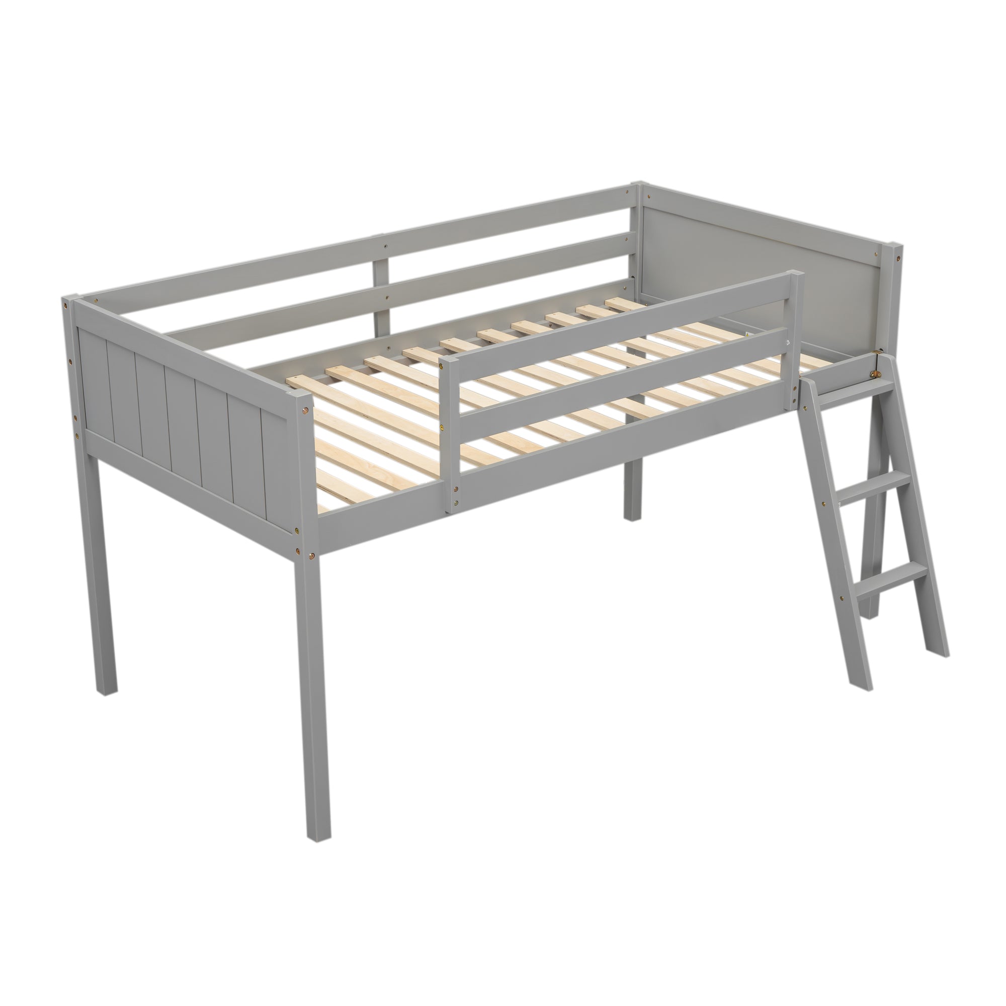 Norela gray twin size low loft bed angled view showing wood slats and ladder on white background