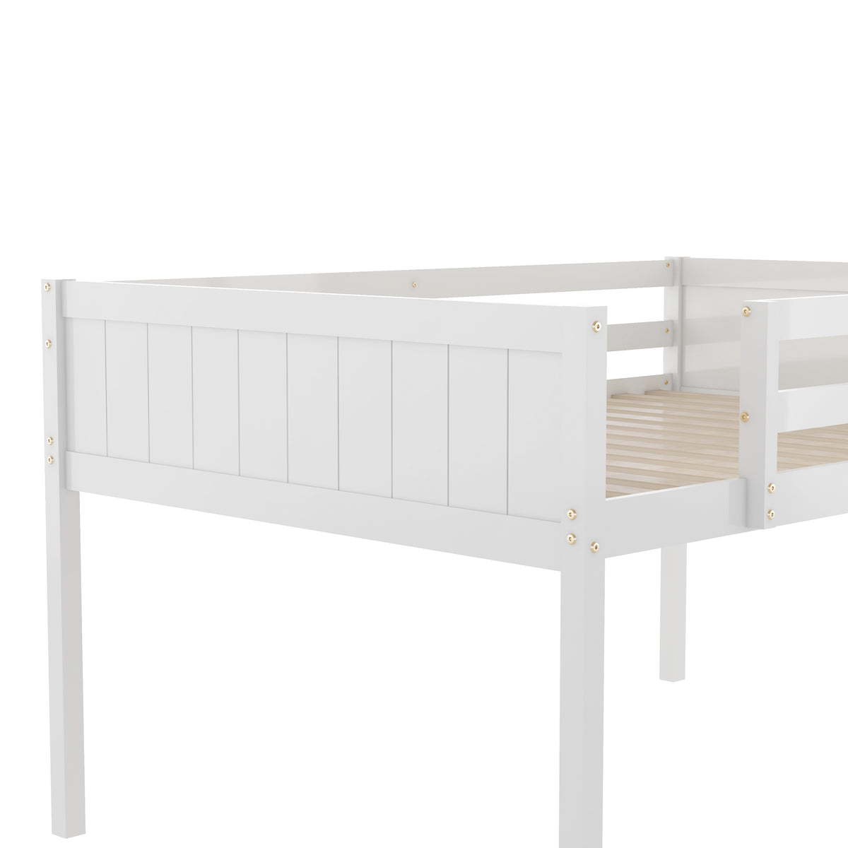 Norela white low loft bed showing side panel and guardrail detail