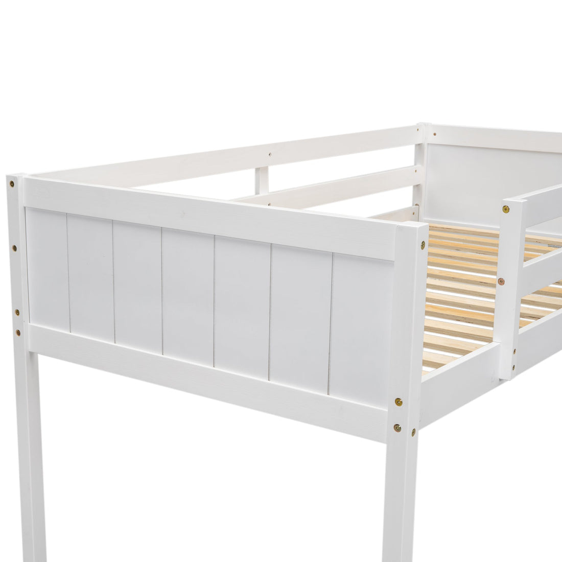 Norela white low loft bed showing guardrail and slat detail