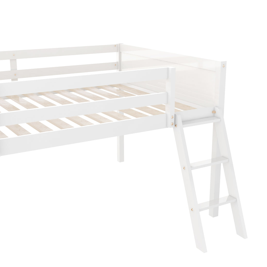 Norela white low loft bed showing reversible ladder and wood slat detail