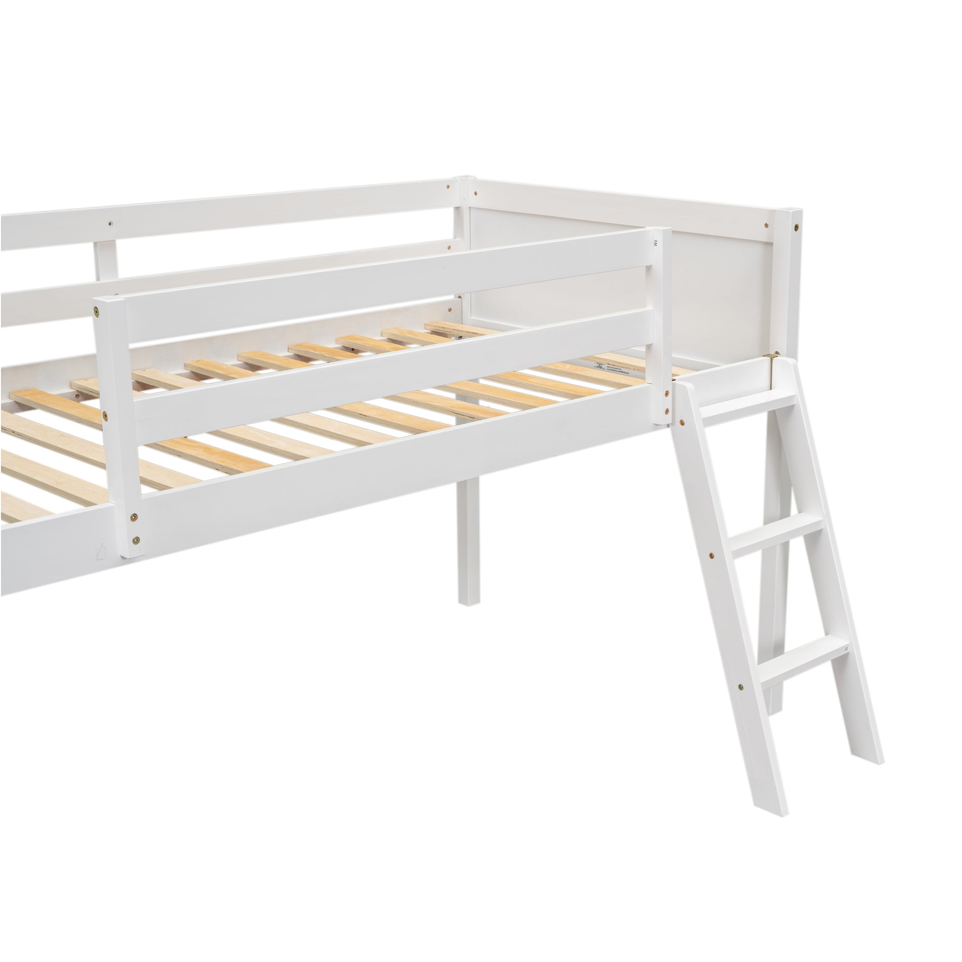 Norela white low loft bed showing guardrail and slat detail
